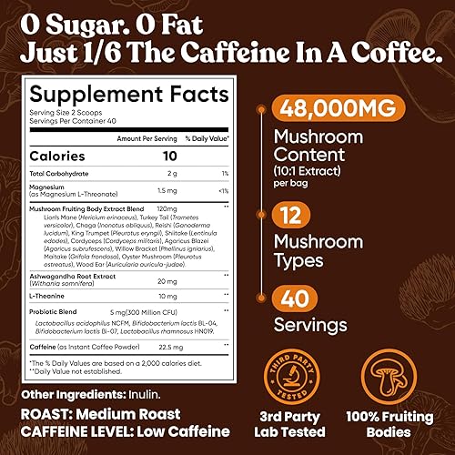 Miniatura 2 de Venture Pal Café de hongos de 48000 mg con 12 hongos adaptogénicos, melena de león, cordyceps, cola de pavo, reishi, ashwagandha y probióticos, café