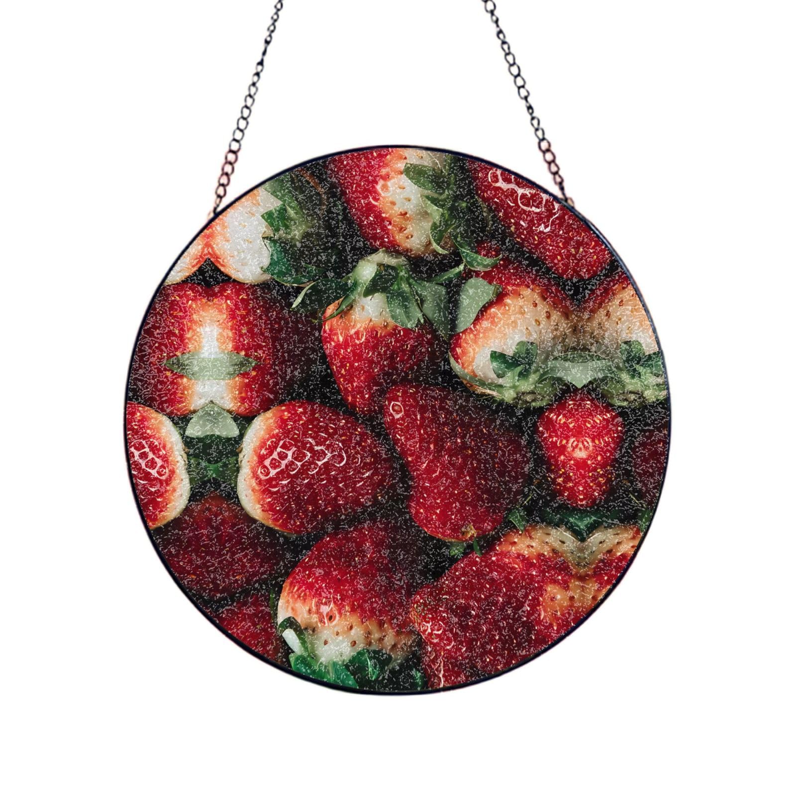 Phayah Strawberry Print Stained Glass Window Hanging Suncatcher For Door Terrace Garden Home Decor Sun Catcher Birthday Gifts For Lovers Dad Mom 12in（30cm）