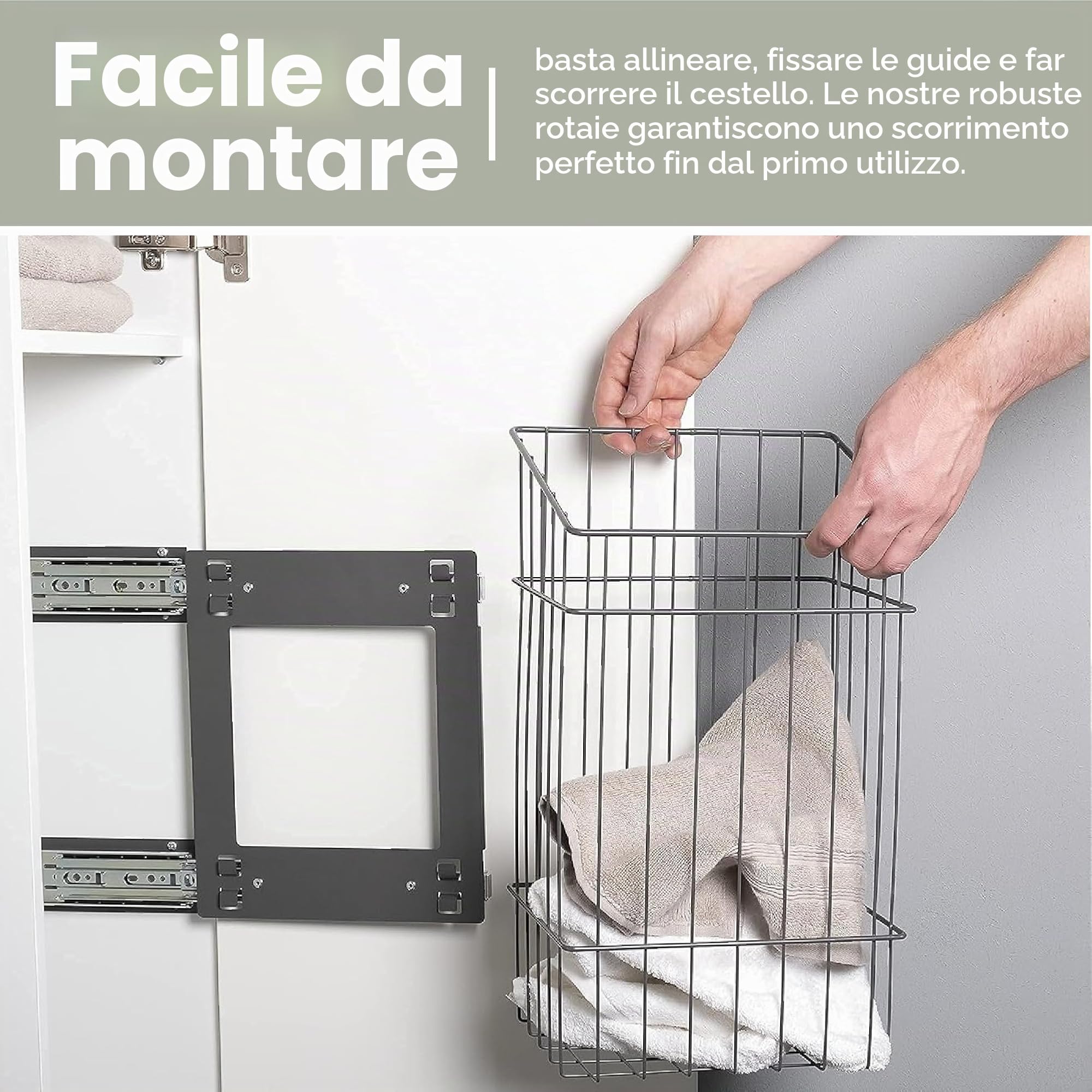 LM 683 - Cesto portabiancheria per armadio, sottile e alto allungabile con binari, organizer per la biancheria da installare in un armadio, armadietto, armadio, grigio antracite