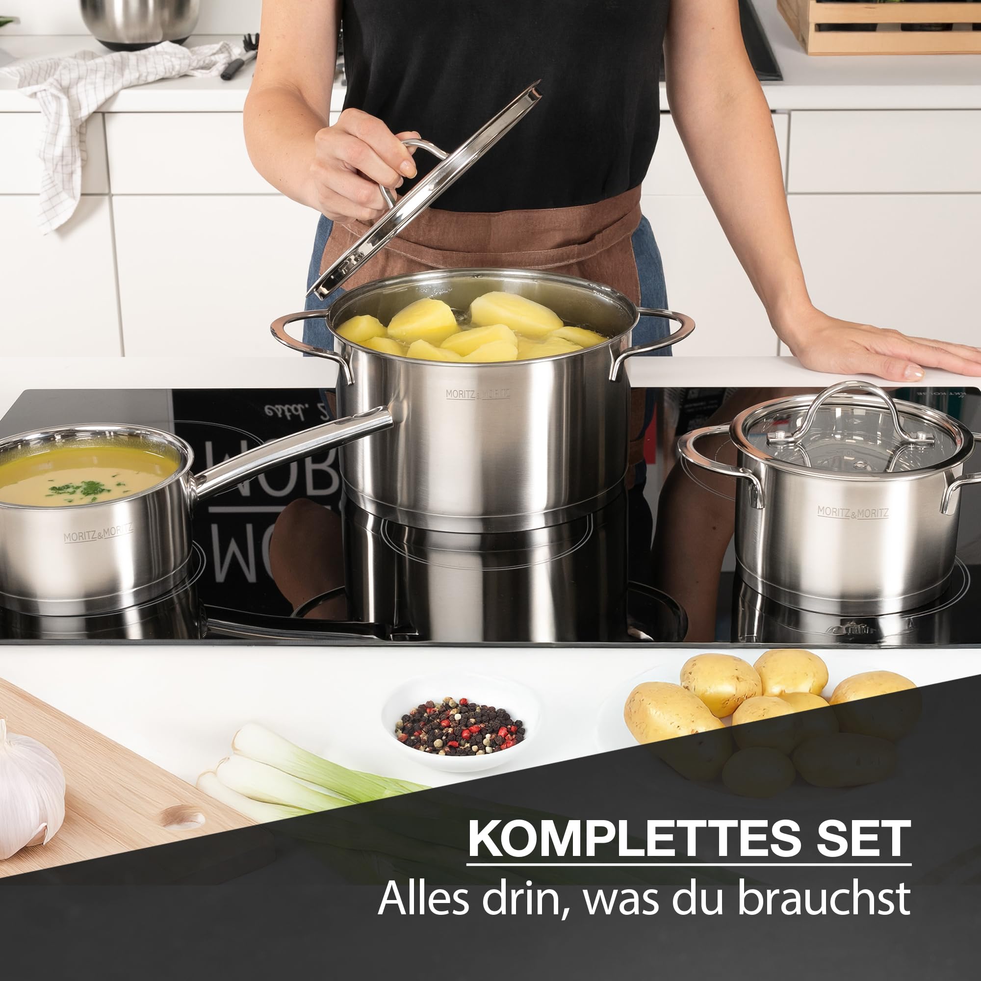 Moritz & Moritz 5-teiliges Kochtopfset inkl. 4 Glasdeckel - Edelstahl Topfset Induktion & alle Herdarten - stylische Töpfe mit Deckel & Stielkasserolle - Geeignet für Spülmaschine & Backofen