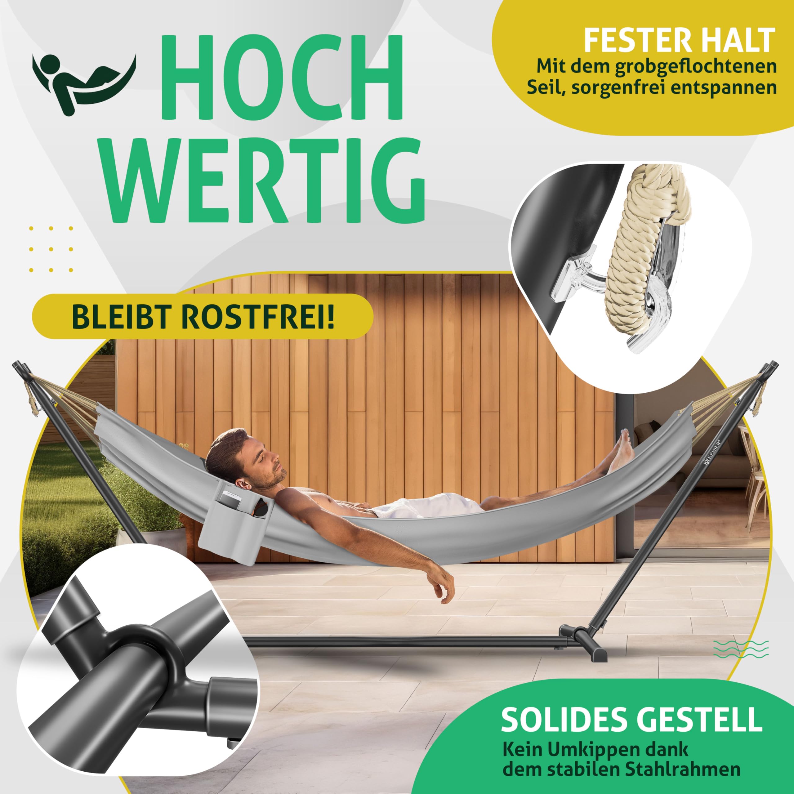 KESSER® Amaca HILL con telaio e cuscino - doppia amaca per 2 persone - solida struttura - capacità di carico 200 kg - per esterni ed interni - poltrona sospesa XXL doppia o multi-persona, Grigio