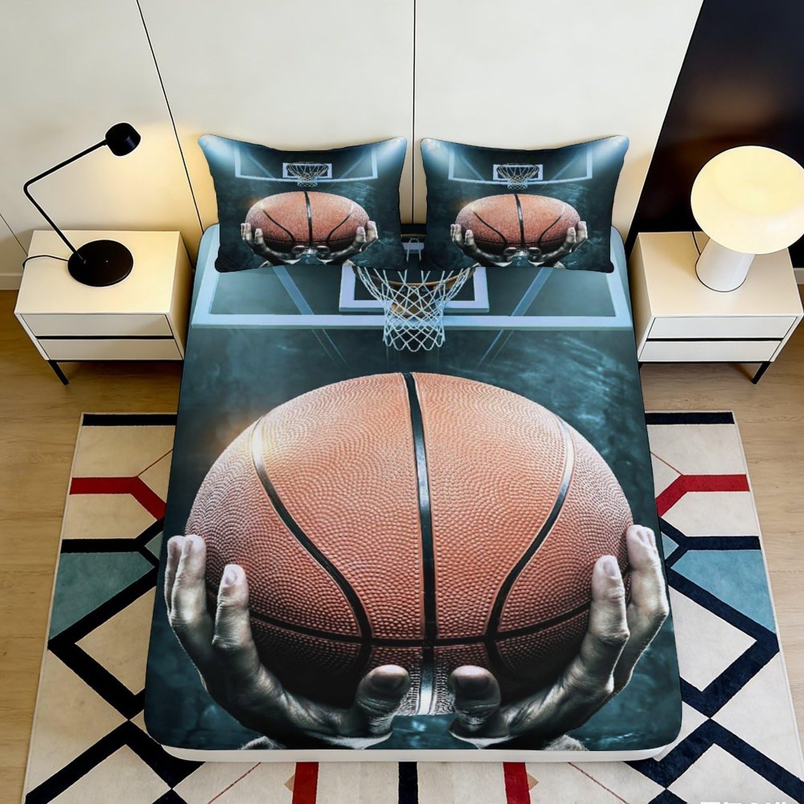 3D Printed Basketball Fitted Sheet Microfiber Deep Pocket Non-Slip Elastic Hem Basketball Mattress Fitted Cover for Bedroom 200x200x25cm 90x200x25cm
