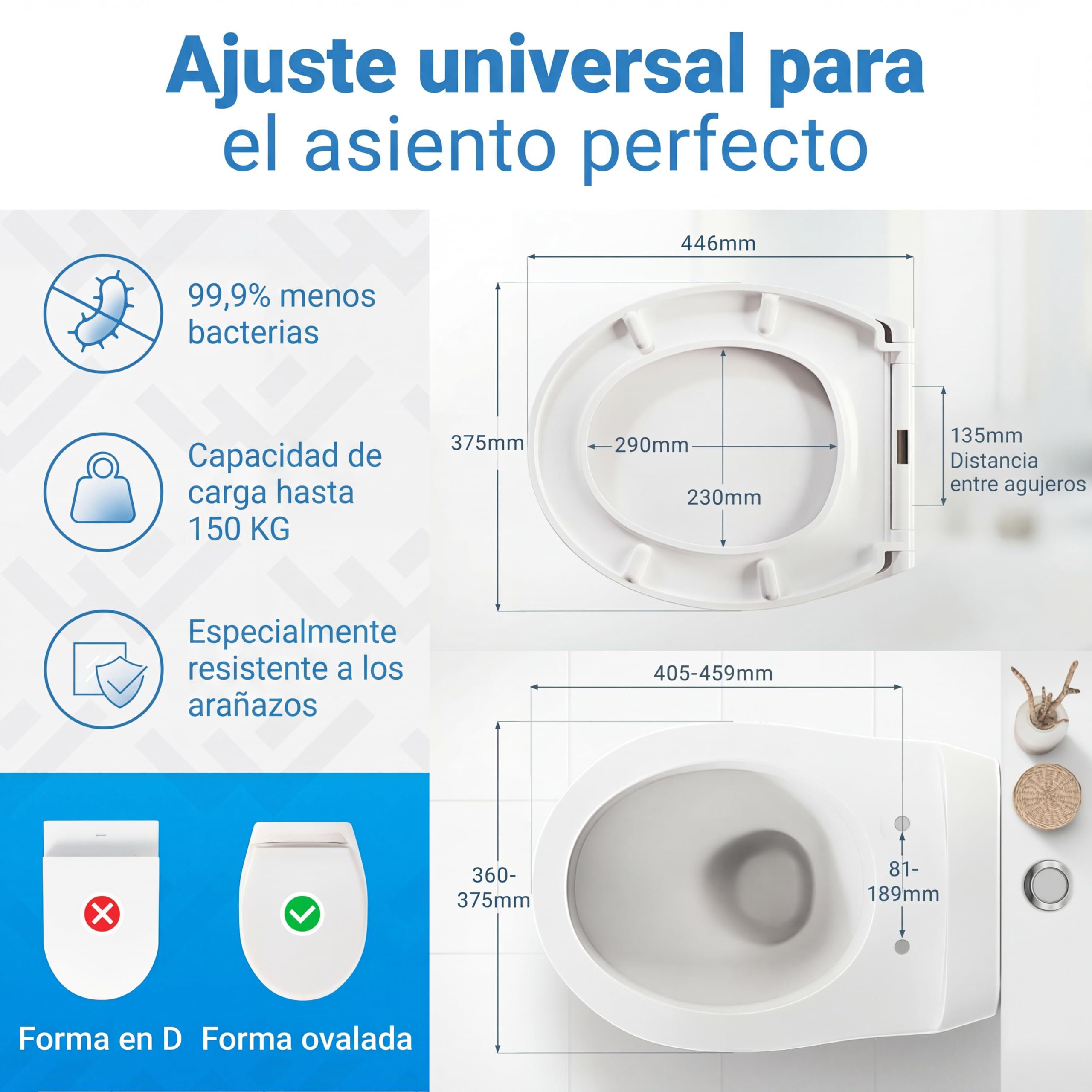 LOBENSWERK Tapa WC de water con Cierre Suave [Montaje Fácil] antibacteriana y resistente UV | Función Quick Release | Tapa de WC, Asiento Inodoro, tapa inodoro incl. plantilla de instalación