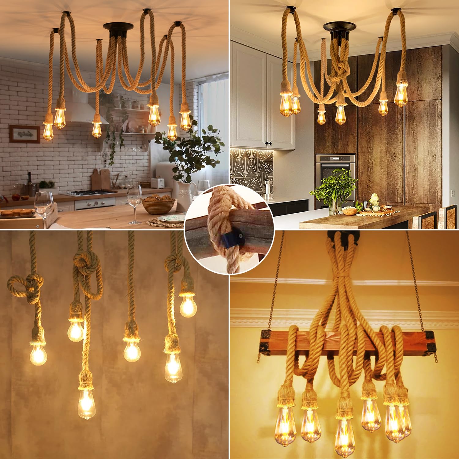 ANWIO Lampa sufitowa z liny konopnej, pająk, żyrandol, lina konopna, "zrób to sam", lampa sufitowa retro, lampa wisząca E27, do jadalni, salonu, jadalni, hotelu, dekoracja (6 żarówek)