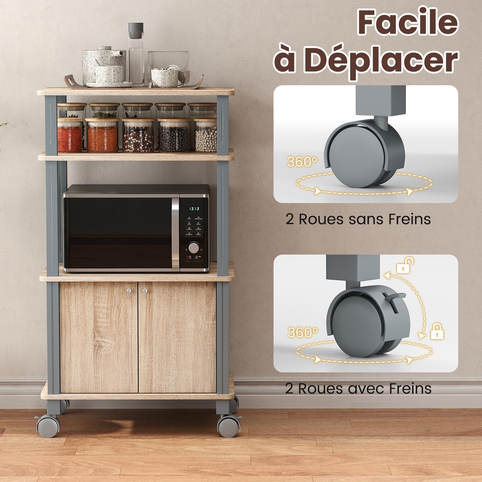 COSTWAY Desserte Micro-Onde à roulettes, Chariot de Cuisine, Meuble de Rangement 2 Niveaux d'étagères Ouvertes et d'Armoires, 60 x 40 x 98 cm, Naturel (Naturel)