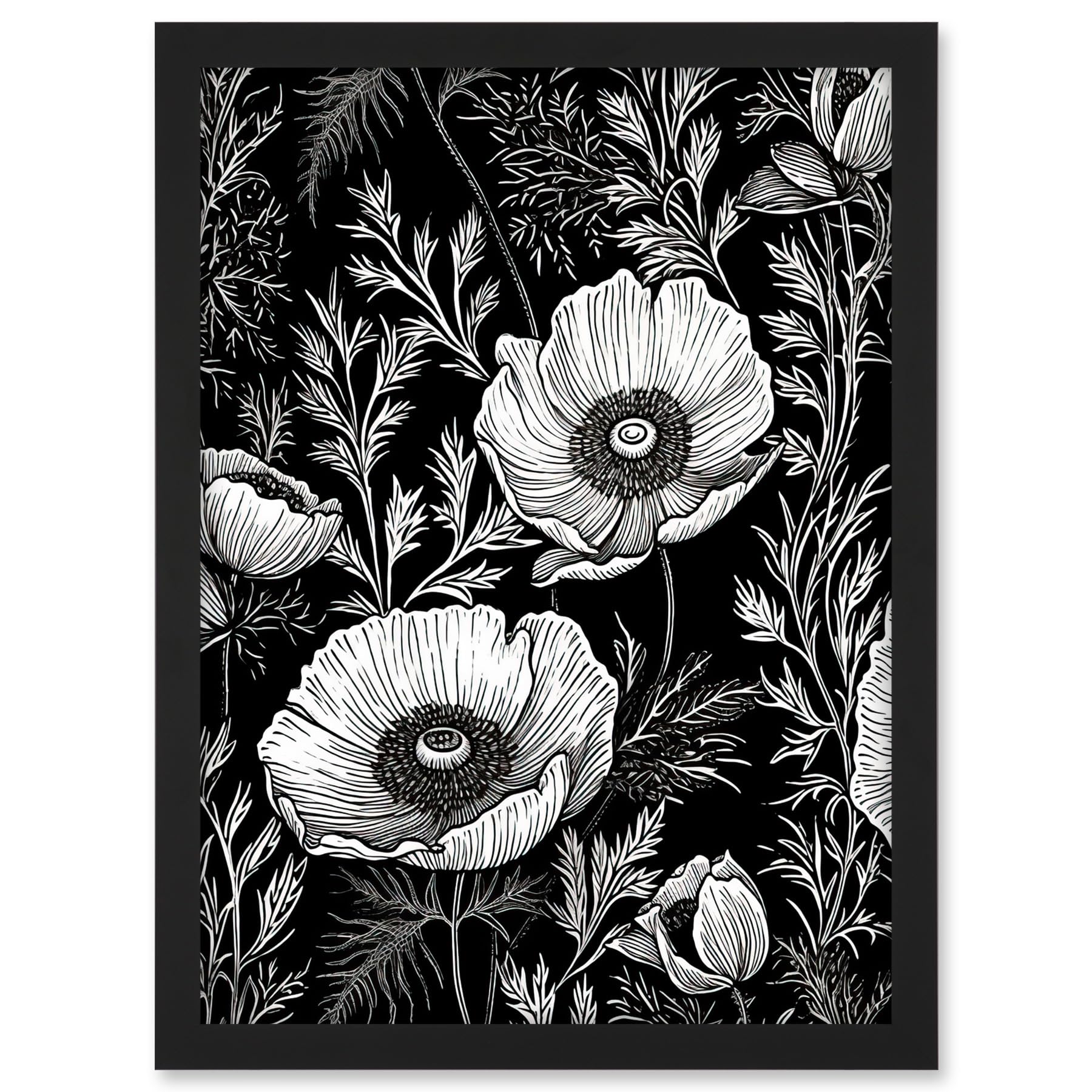 Artery8 Poppy Wild Flower Pattern Black and White Linocut Artwork Framed A3 Wall Art Print