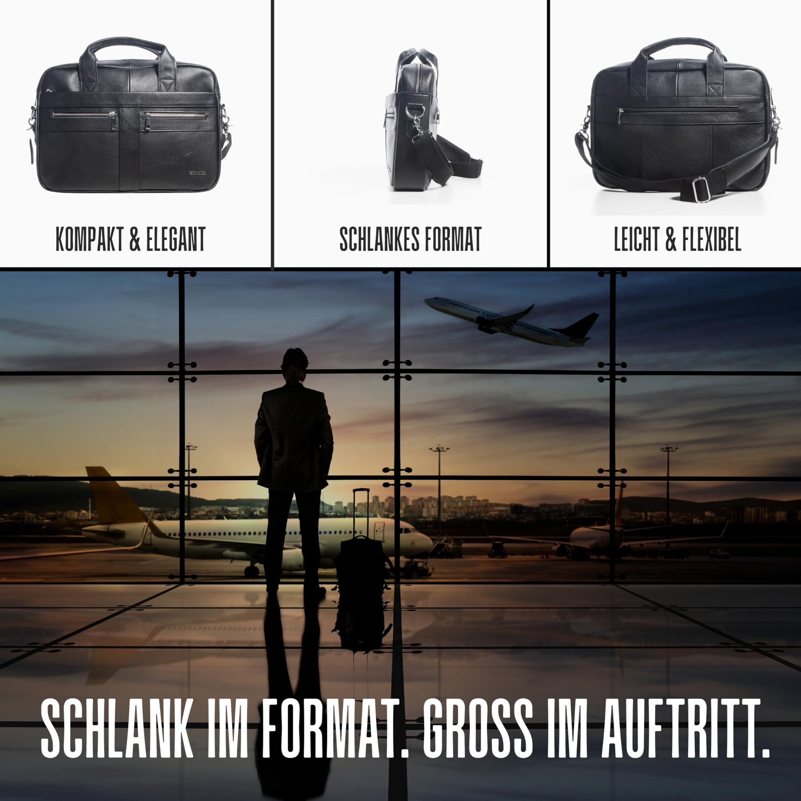 Hörner Laptoptasche Cognac Schwarz I Echtes Leder I Businesstasche Damen & Herren I Laptoptasche 15,6 Zoll I Bürotasche I Businesstasche I Aktentasche I Ledertasche für Laptop