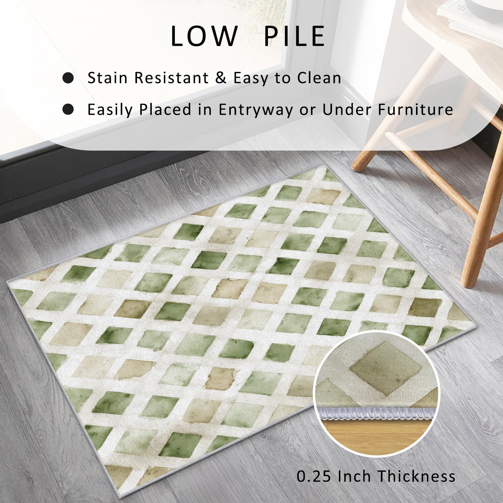 Tapis de Salon Lavable à Motif géométrique Losanges, 120 x 180 cm, Vert Sauge et Beige Motif à Carreaux Aquarelle antidérapant Tapispour Chambre, Salle à Manger ou Bureau.