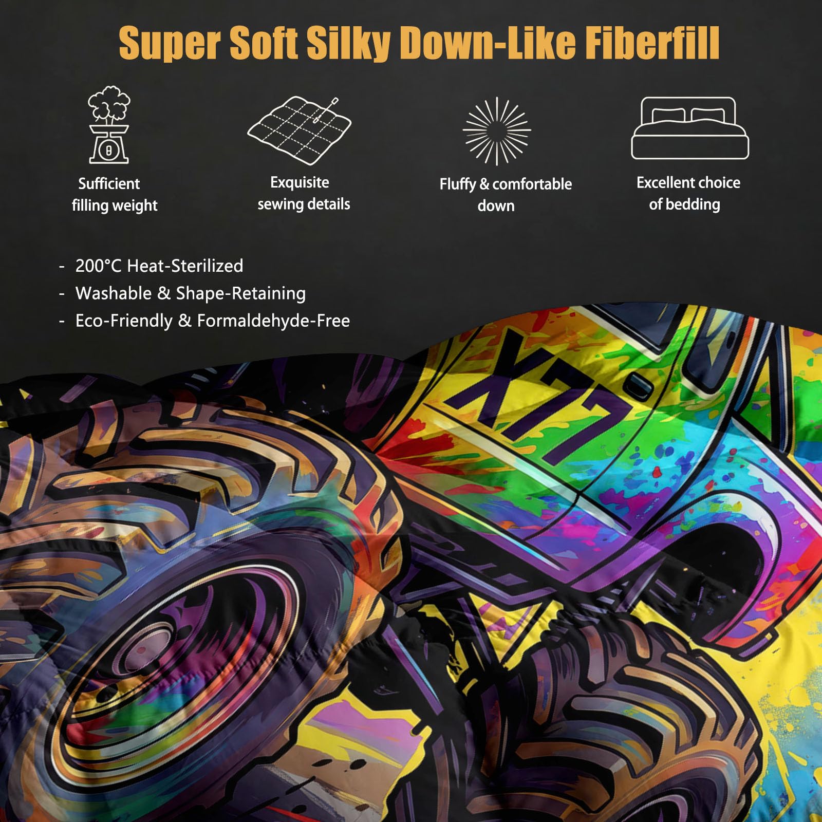 Trapunta senza rivestimento, 135 x 200 cm, coperta invernale calda, 400 g/m², 4 stagioni, 3 pezzi, trapunta fuoristrada con monstertruck per quattro stagioni