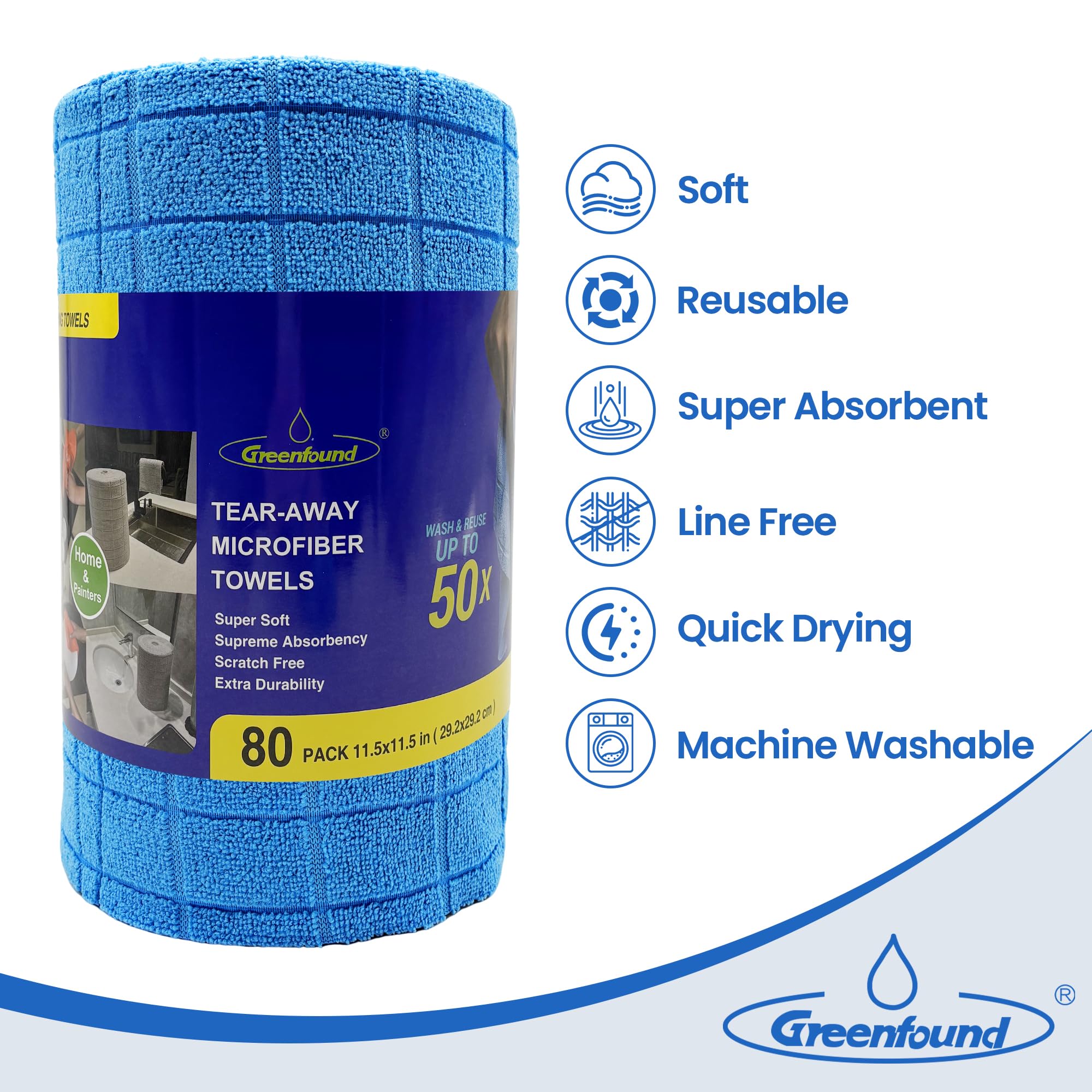 Greenfound Confezione da 80 panni in microfibra per la pulizia, asciugamani in microfibra a strappo, riutilizzabili e lavabili, super assorbenti, senza pelucchi, per la casa, la cucina, le finestre,
