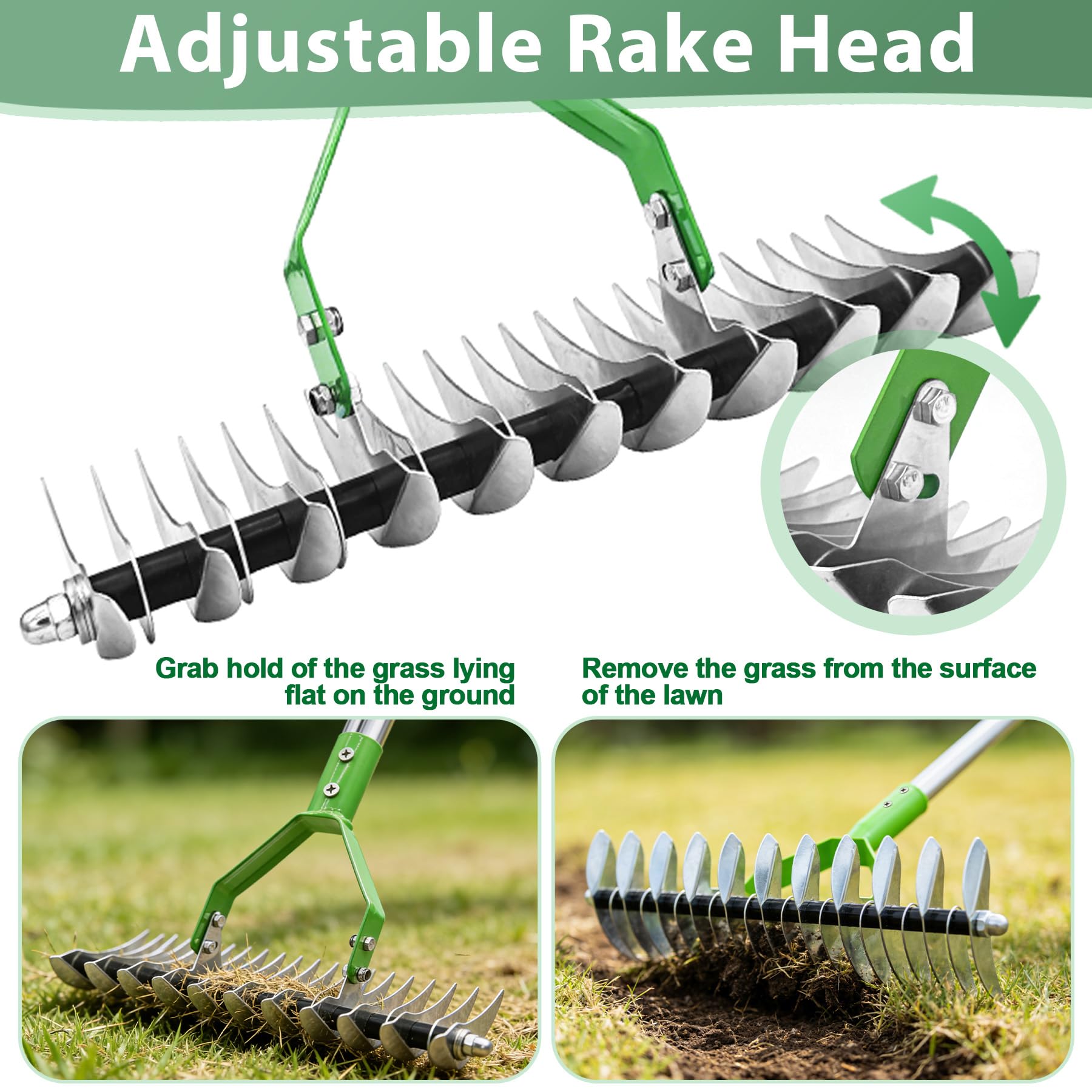 TZEKING 163cm Rastrello Sarchiatore con Manico Rimovibile,Cultivatore a Mano da Giardino a Manico Lungo Regolabile,Rastrello per Prato,Aeratore Doppio per Pulire l'Erba Morta - 5