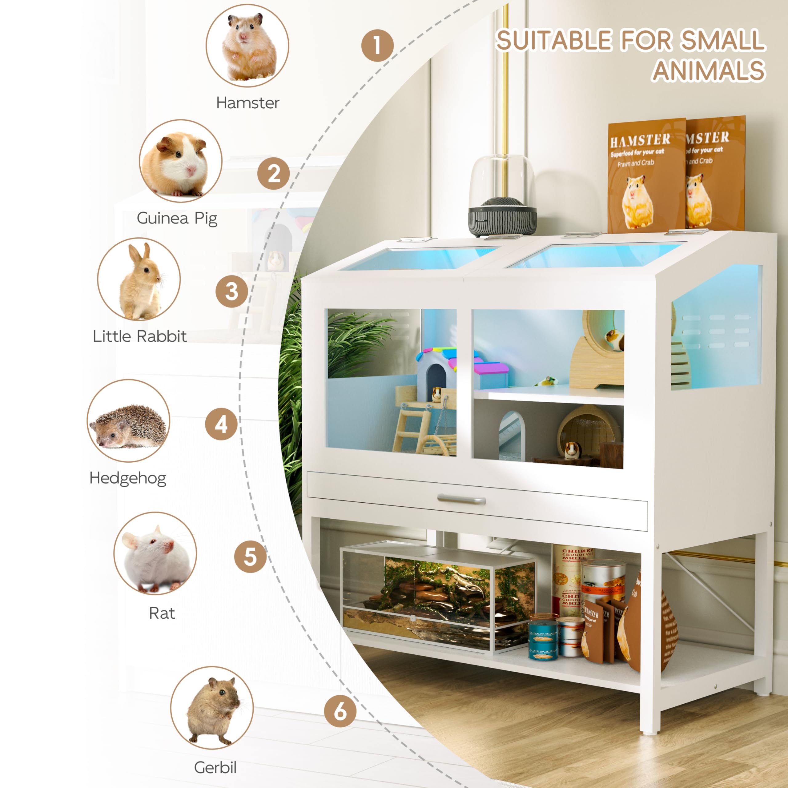 Hamster Cage with Storage Cabinet, Guinea Pig Cage for Small Animals, Large Hamster Cage and Habitat with Easy View Acrylic Panels and Pull Out Drawer for Hamster, Rabbit, Hedgehog, Easy to Clean