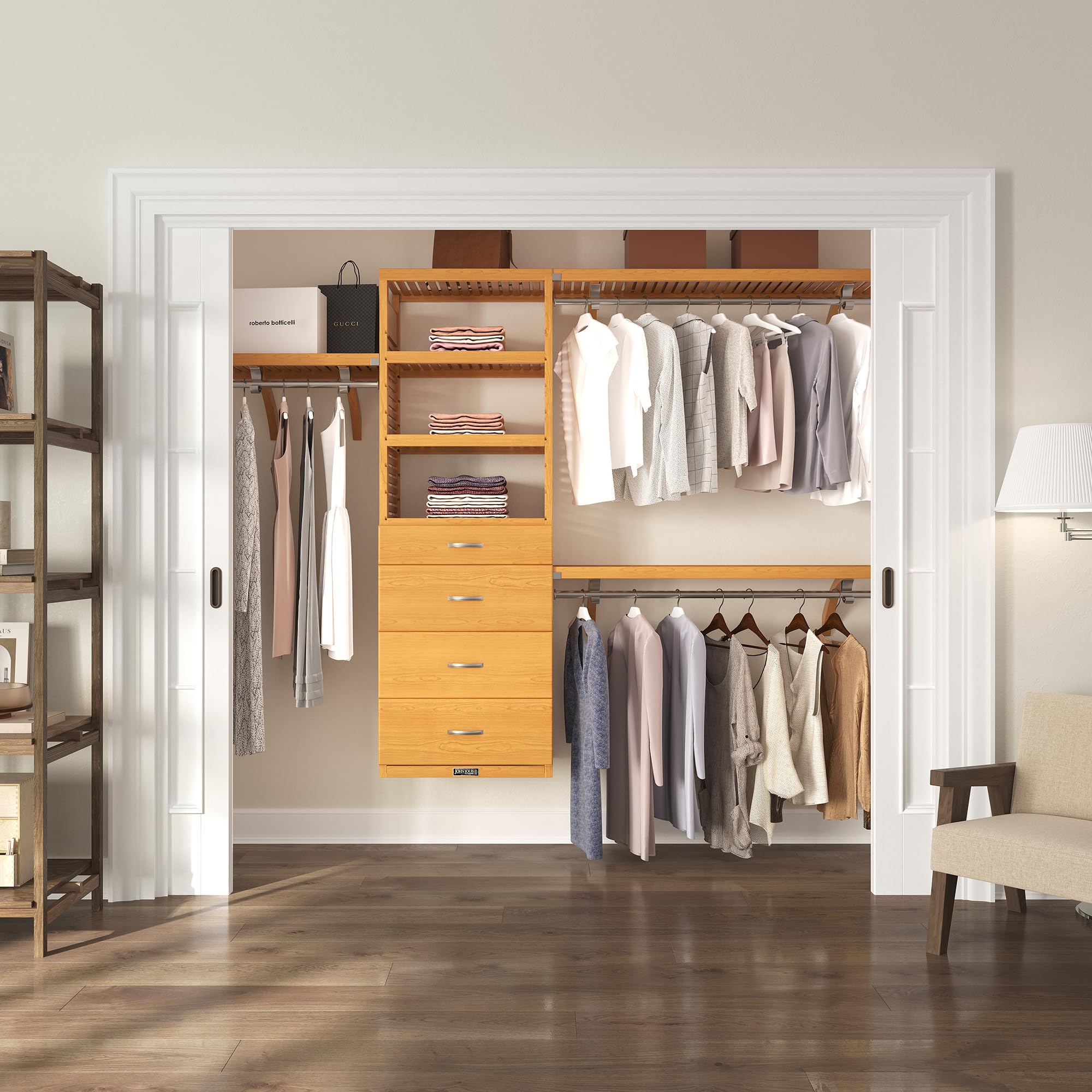 John Louis Home Wood Closet Organizer System with Shelves, 4 Drawers, & Hanging Rods - Wall Mounted Walk-in Wardrobe - Maple Finish