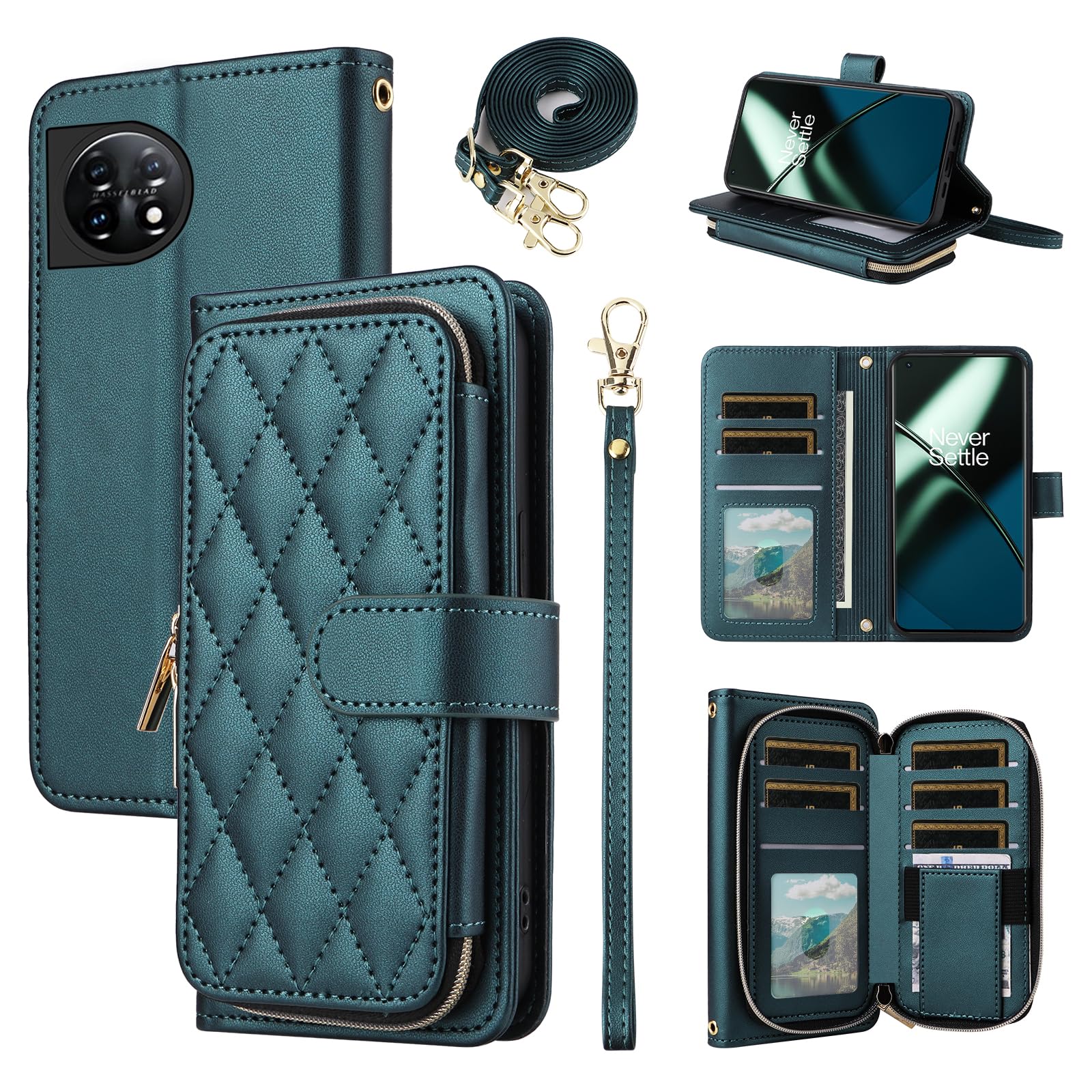 Furiet Argyle Wallet Case for OnePlus 11 5G with Wrist Strap Shoulder Strap, 9+ Card Slots Zipper Purse Luxury PU Leather Stand Checkered Phone Cover