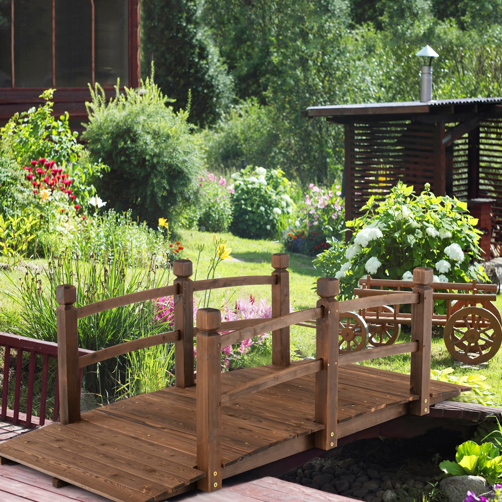 SOARS Puente de Jardín Madera con Barandilla, Puente de Pie Decorativo de Abeto con Capacidad de Carga de hasta 150 Kg, 171,5 x 75,5 x 58 cm, Puente Decorativo para Jardín, Estanque y Arroyo