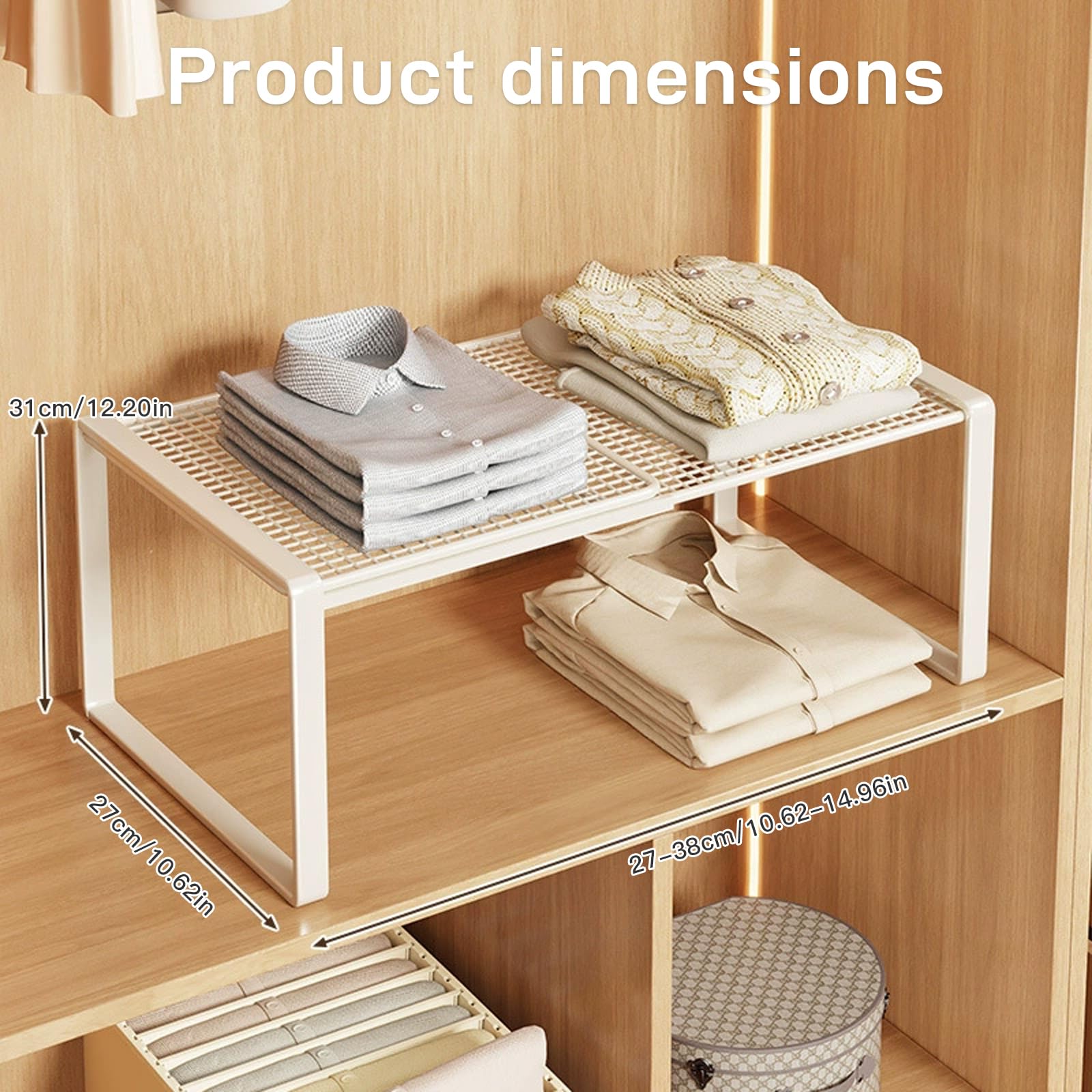 Verstellbare Regale für Schrank, Erweiterbares Einlegeböden Schrankregal, Einlegeböden für Schränke, Kleiderschrank, Schrank, Küche, Badezimmer, 27cm Weit, 31 cm groß, Verstellbare Länge 27-38cm(Weiß)