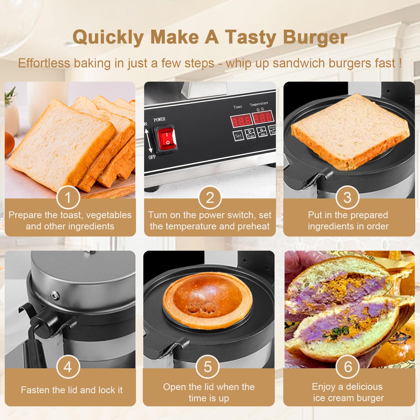 Máquina Comercial para Hacer Hamburguesas Y Helados, con Rotación De 180°, Sandwichera Eléctrica, Temporizador De 0-5 Min Y Control Digital De Temperatura De 50-300 °C