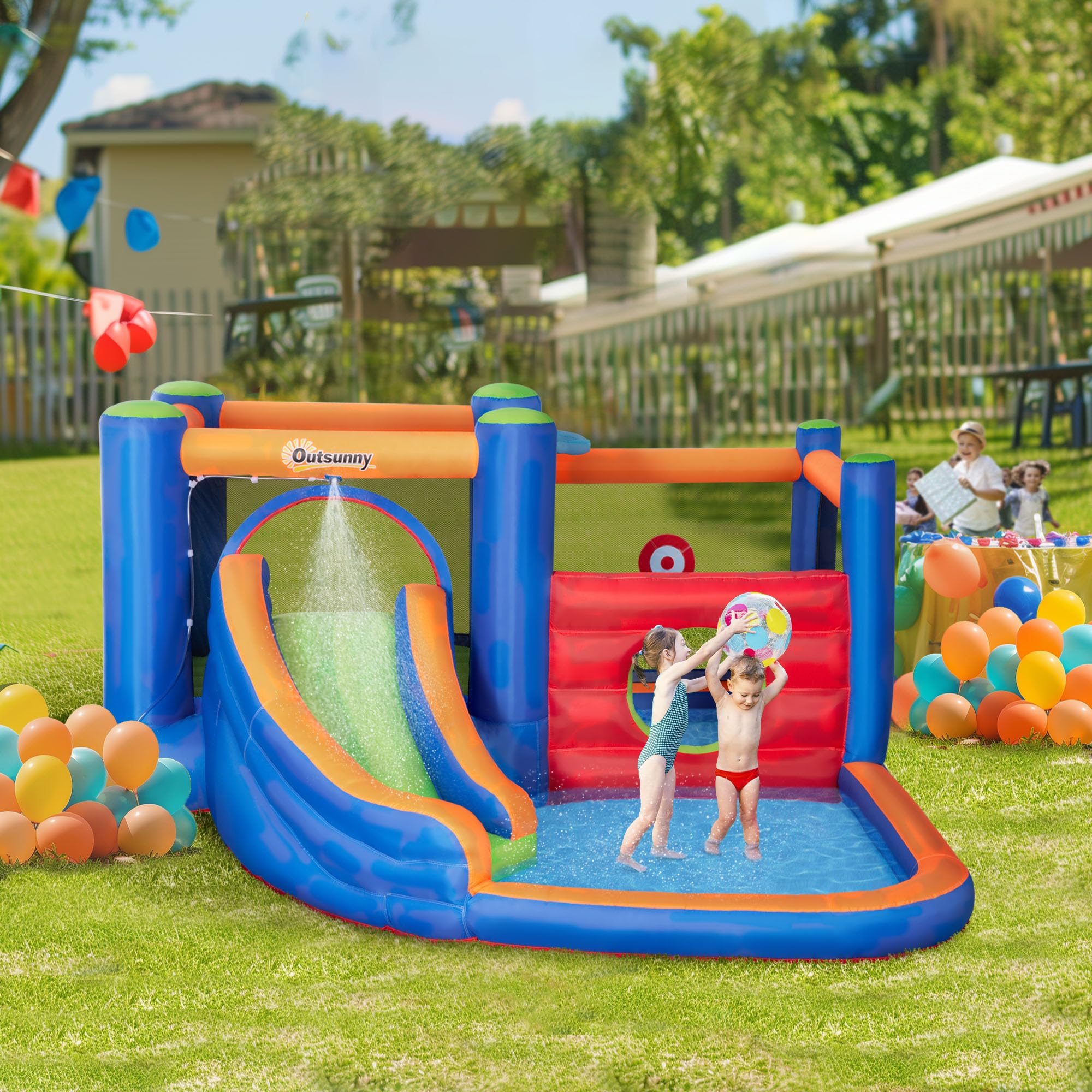 Outsunny Château Gonflable Aire de Jeux jusqu'à 3 Enfants 3-8 Ans avec Toboggan Trampoline piscines souffleur 450W et Sac de Transport Aquatique 380L x 340l x 170H cm - Multicolore