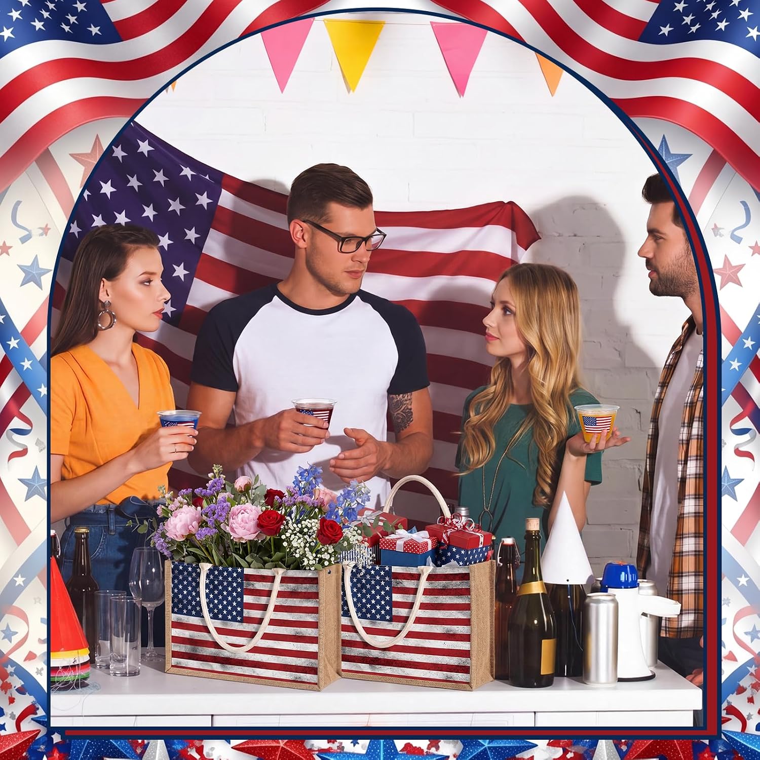Landhoow 6 Pack American Flag Burlap Tote Bags 4th of July Patriotic Party Favors Large Reusable Non Woven Jute Gift Bags with Handle for 250th Independence Day Birthday Veterans Day Party Supplies