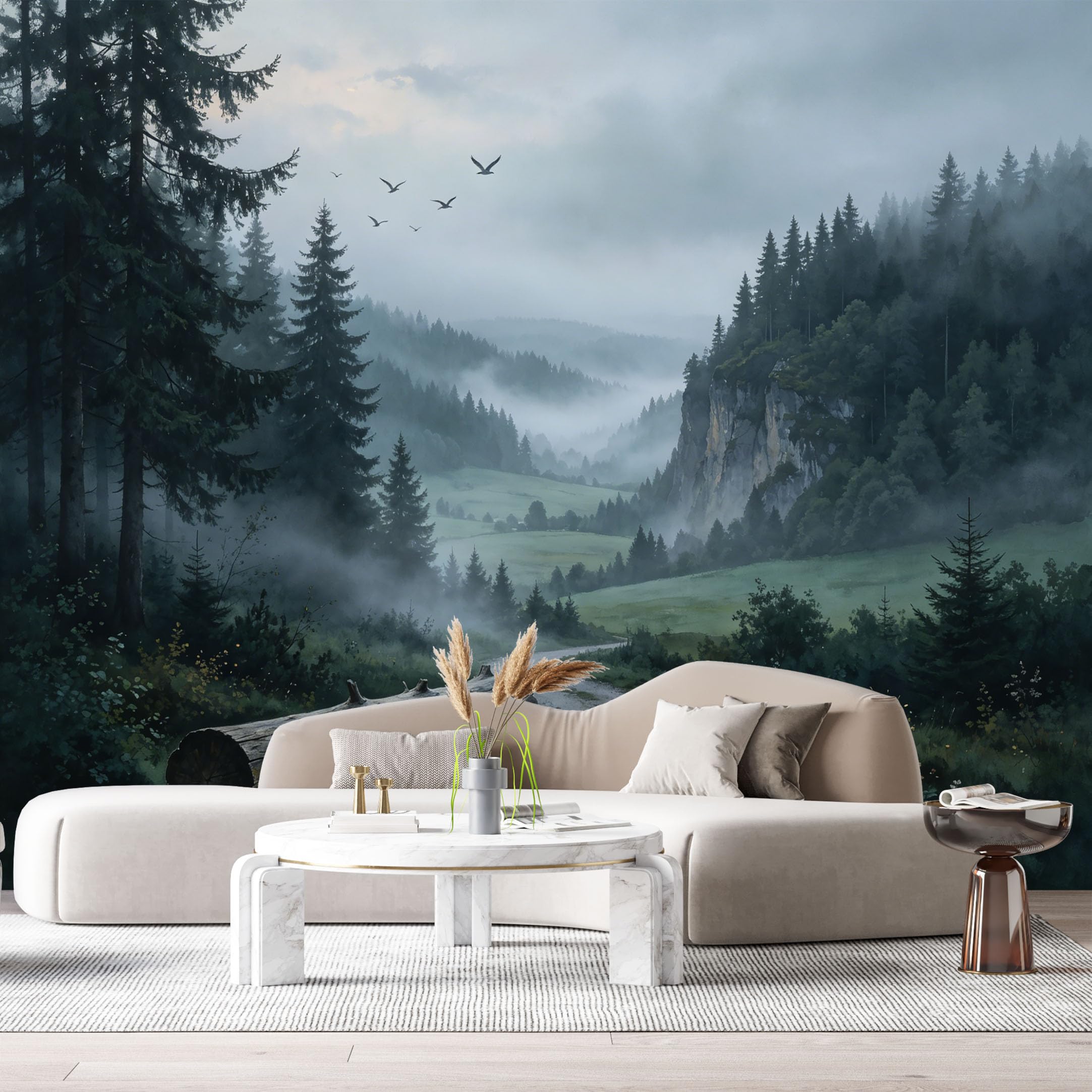 Custom Size Wall Murals Misty Forest Landscape Oil Painting Pine Trees Mountain Path SelfAdhesive Wall Fabric Removable Large Wallpaper for Photo Living Room