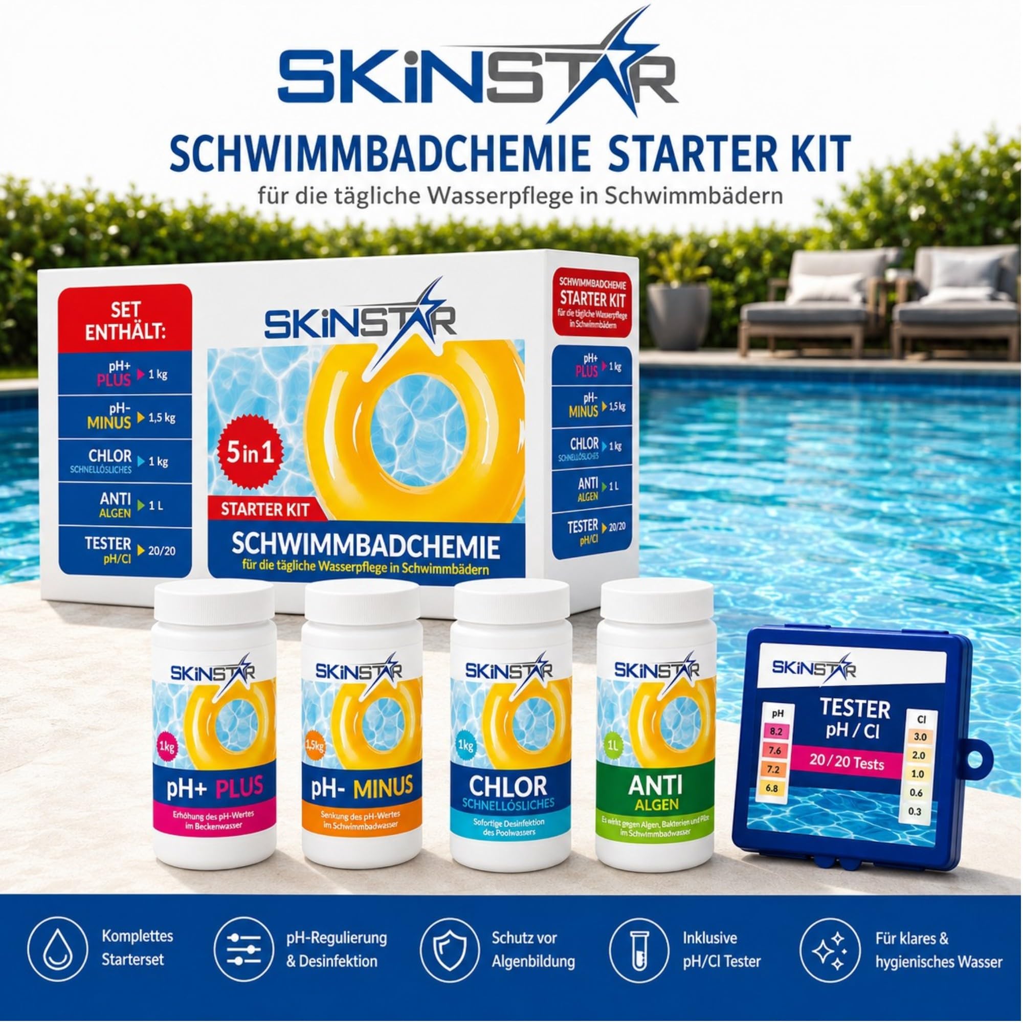 Pool Starter Set 5in1 Schwimmbadchemie - Chlor-Granulat, pH-Plus & pH-Minus, Anti-Algen, Teststreifen - Komplettset zur Wasserpflege für klares Poolwasser