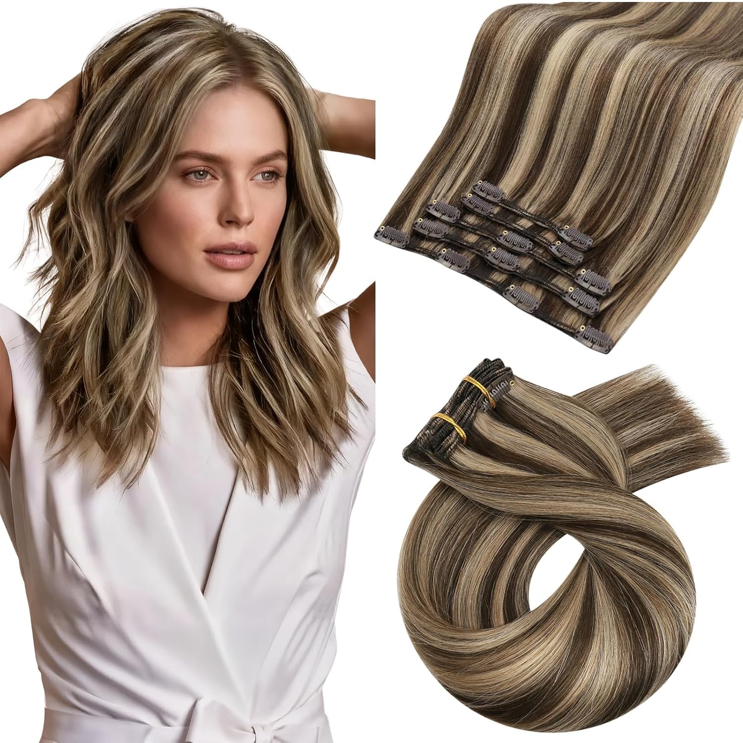Moresoo Human Hair Extensions Clip in Real Hair Ash Blonde with Bleached Blonde Clip in Hair Extensions Remy Human Mid-length Hair Layered Add Volume 14 Inch 5pcs/80g #P18/613 — view 67