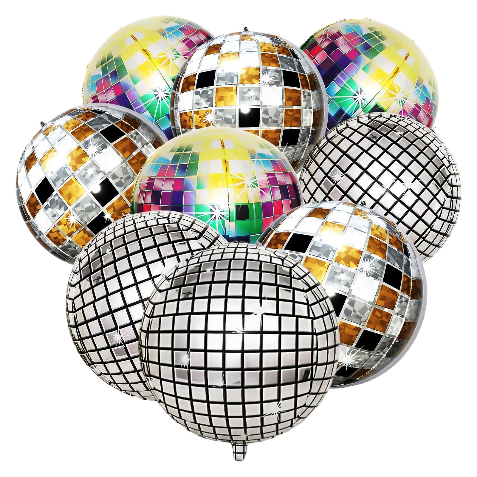 kodivenj 9PCS Disco Ball Balloons, 22 Inch 4D Inflatable Foil Balloons with 10m Ribbon, Disco Ball Party Decorations for Birthdays, Wedding, 70s 80s 90s Disco Party Decorations