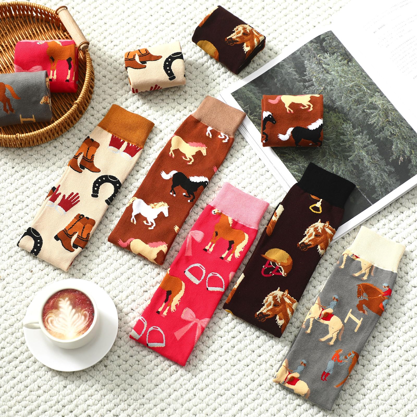 Sintege 5 Paires de Chaussettes d'Équitation pour Femme Chaussettes d'Équitation Longues Mi-Bas Colorés à Motifs Animaliers Cadeau Amusant pour Amoureux des Chevaux et Cavalières