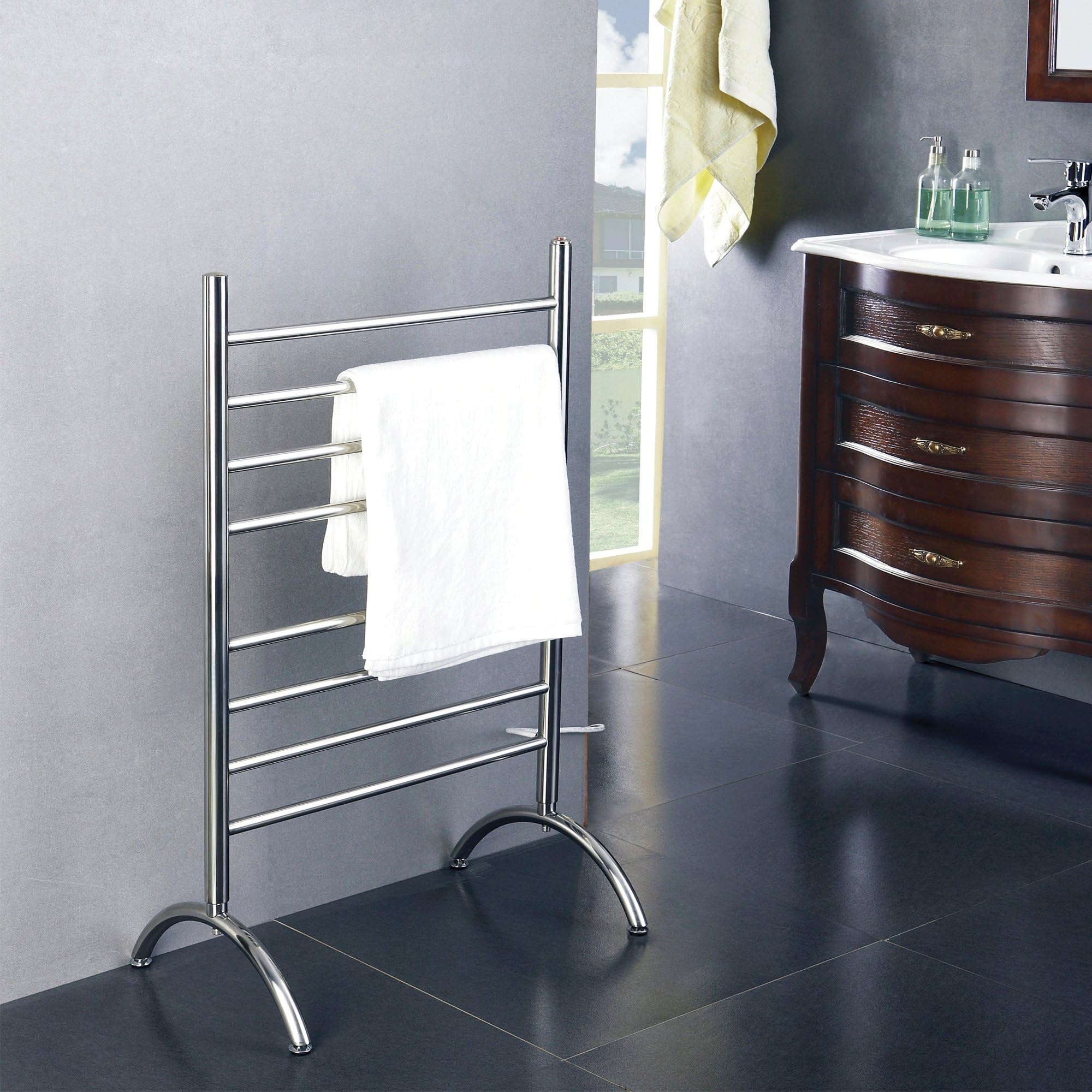 WarmlyYours Heated Towel Rack, 8-Bar Freestanding Model, Brushed Stainless Steel, Plug-in Electric Towel Warmer with Overheat Protection, 150W (Barcelona)