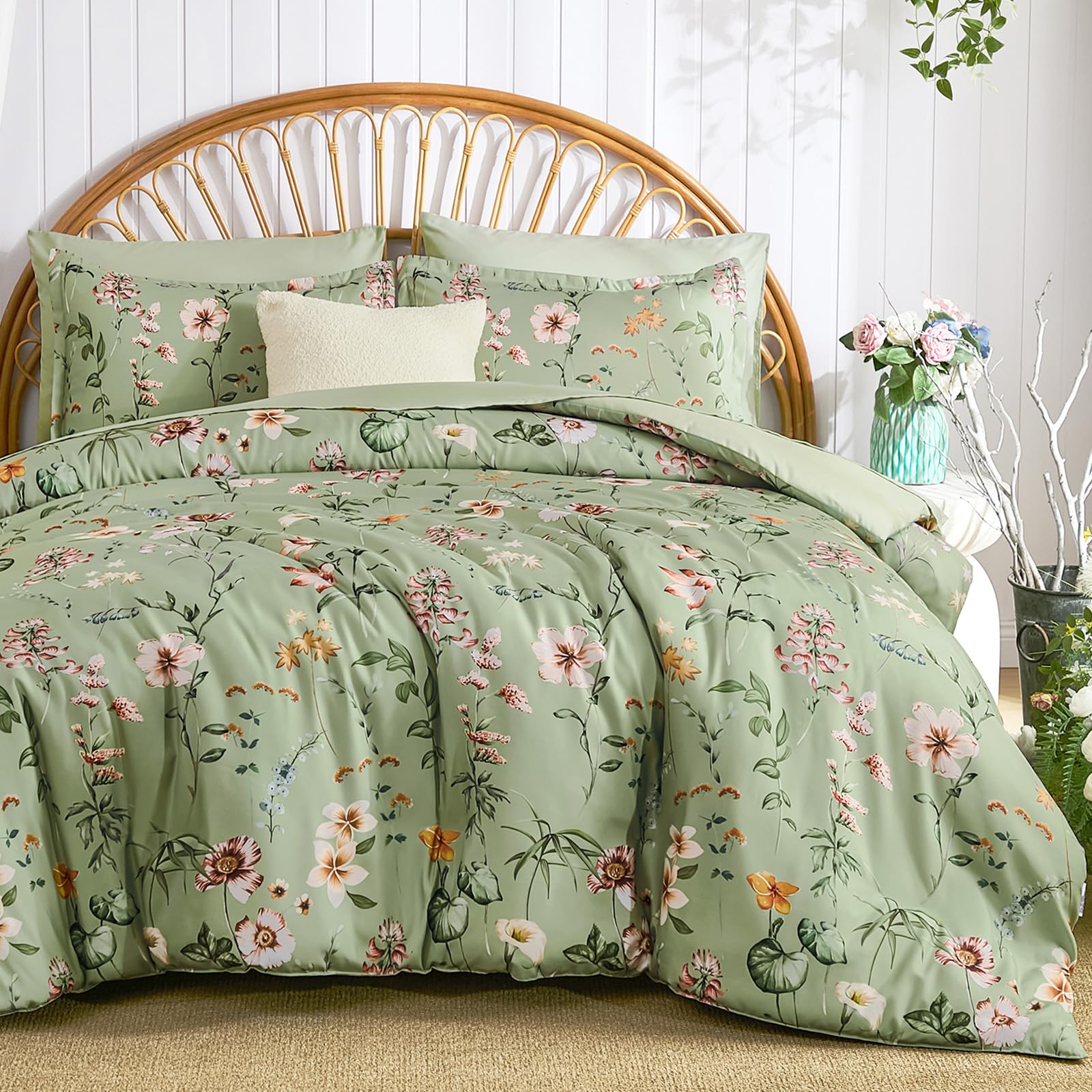 Guchuang Bedding King Size Duvet Cover Sets Flowers Sage Green Floral Bedding Set 3-Piece, Soft Microfiber Floral Duvet Cover 220x230cm Zipper Closure with 2 Pillowcases, for All Season
