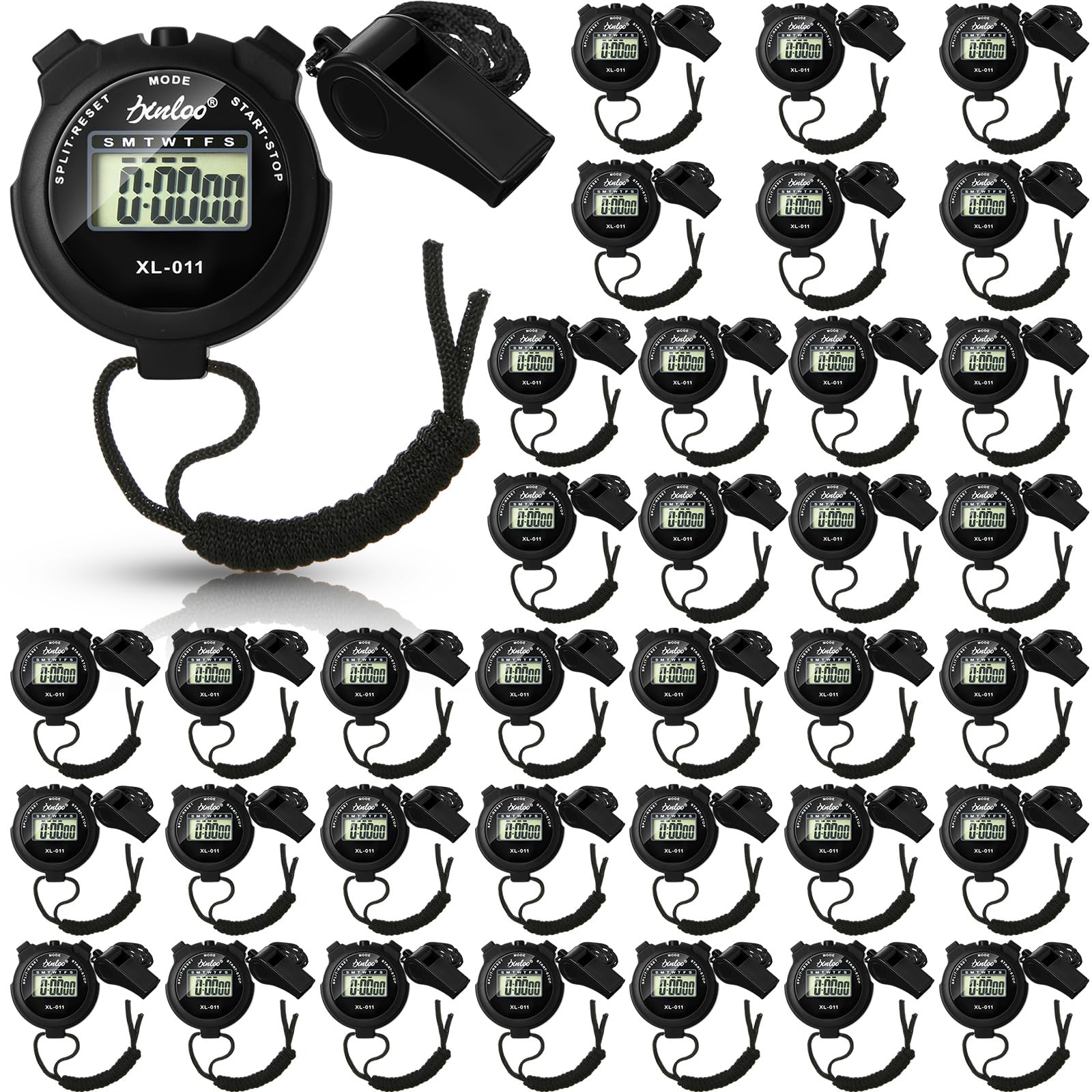 Simgoing 72 Pcs Digital Stopwatch Timer Plastic Whistle Bulk for Sports Coaches Referee Waterproof Watch Timer Whistle with Lanyard Multi Function Electronic Fitness Date Alarm (Black)-image-9