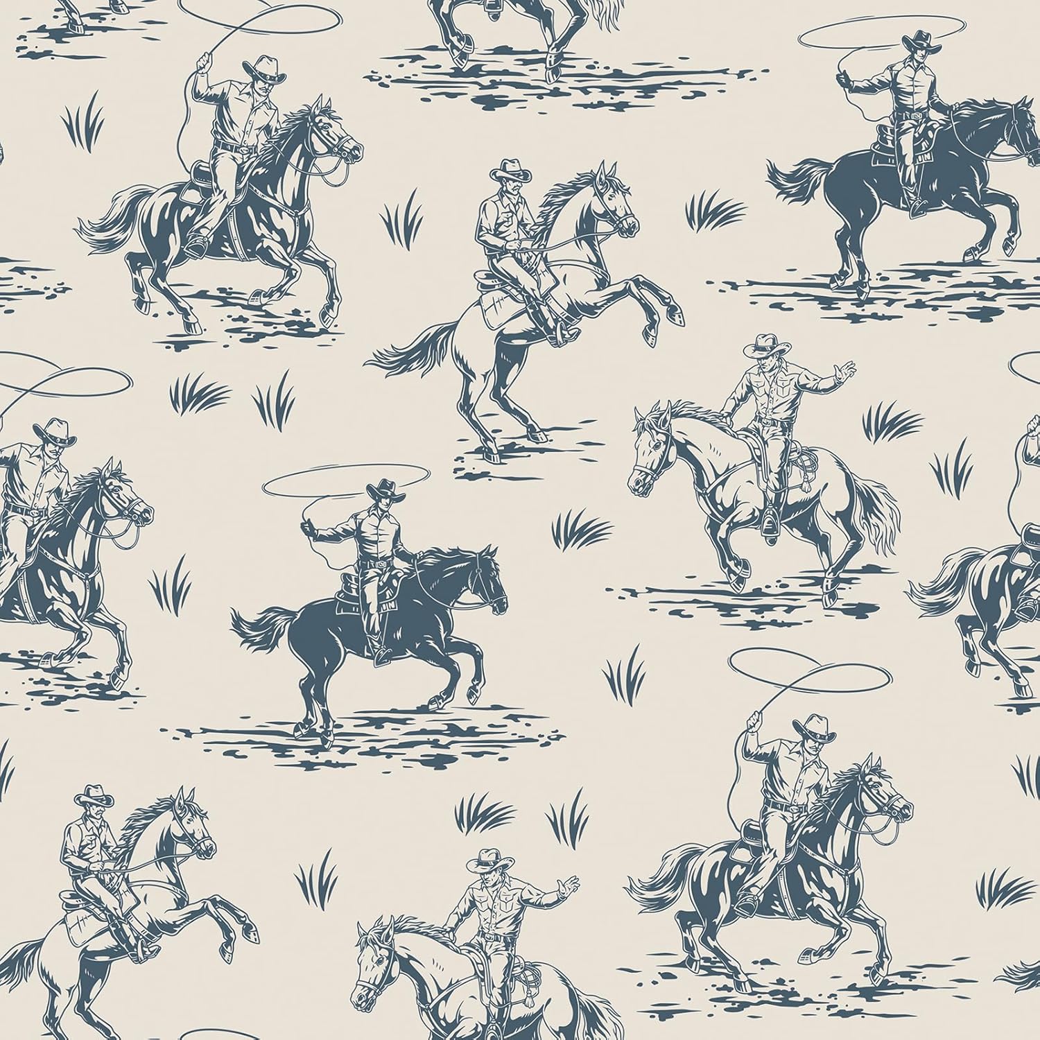 Cowboy Western Wallpaper Peel and Stick Country Western Cottage Wall Paper Toile Vintage Indian Traditional Wallpaper Prepasted Blue White Cream Removable Contact Paper for Cabinets 17.5x80