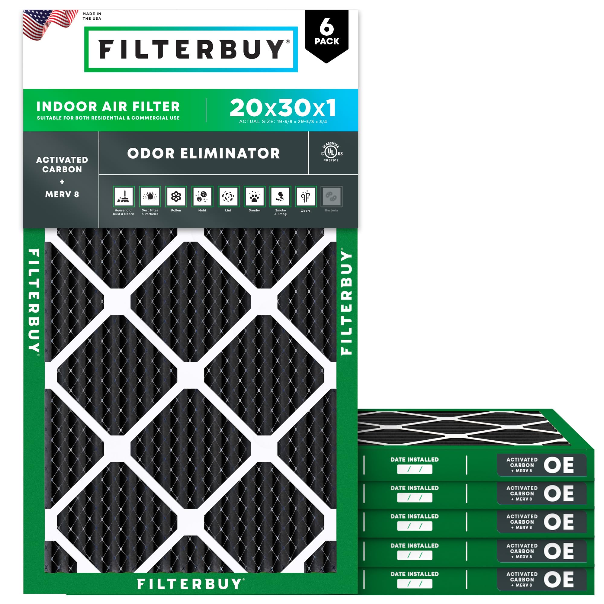 Filterbuy 20x30x1 Air Filter MERV 8 Odor Eliminator (6-Pack), Pleated HVAC AC Furnace Air Filters Replacement with Activated Carbon (Actual Size: 19.63 x 29.63 x 0.75 Inches)