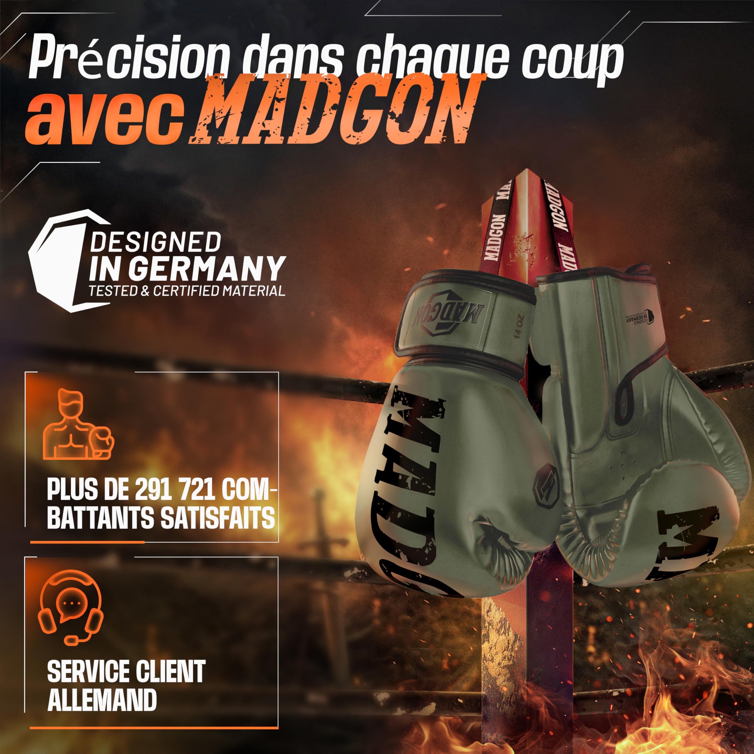 MADGON Gants de Boxe en Matériau de la Meilleure Qualité pour Une Durée de Vie Exceptionnelle - Gants MMA, pour Les Arts Martiaux, Le Sparring avec Une Absorption Optimale des Chocs, Sacoche Incluse