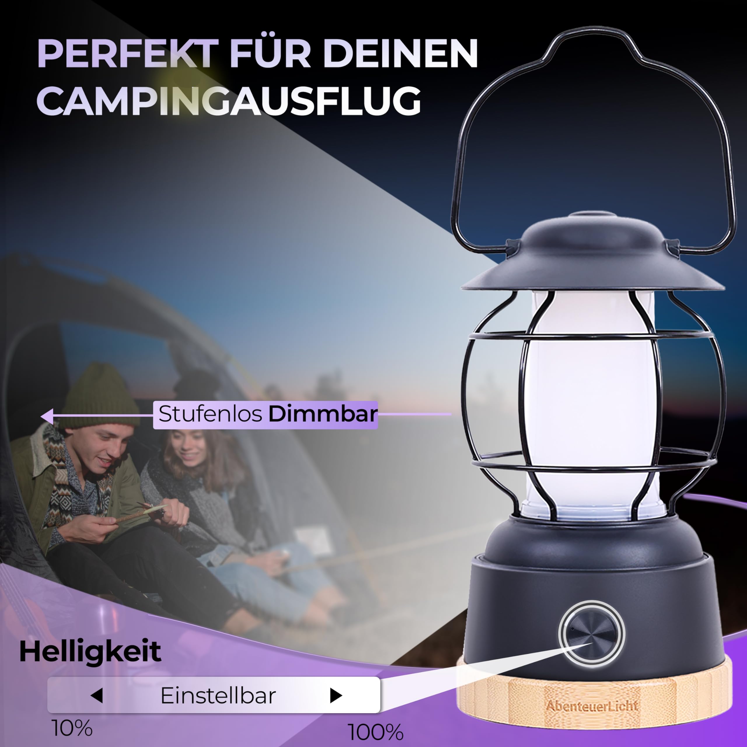 Outdoor LED Camping Laterne Abenteuerlicht - wetterfeste Akku Campinglampe mit bis zu 200h Leuchtdauer, stufenlos dimmbar, 2 Farbtemperaturen - gemütlich & erfrischend, 390 Lumen, USB wiederaufladbar