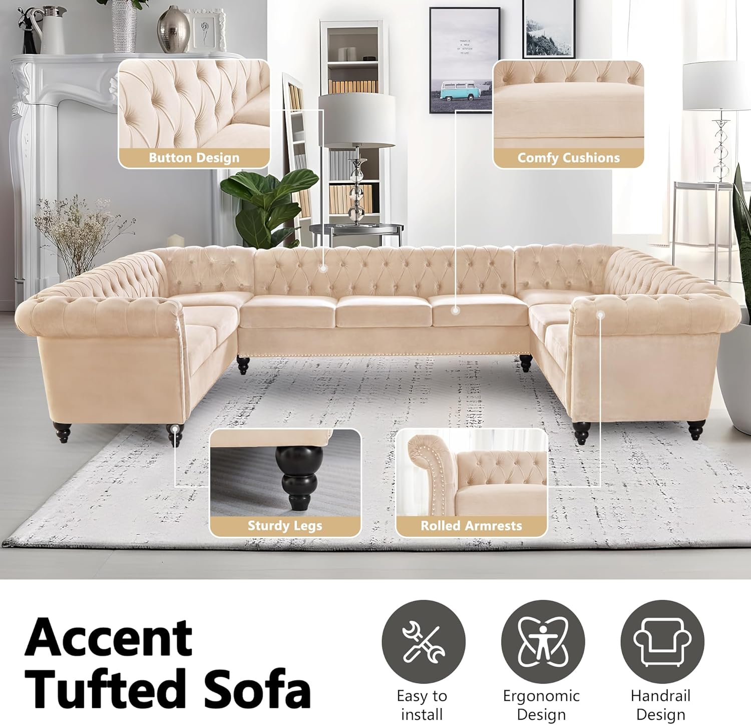 QHITTY U-Shaped Sofa, Sectional Chesterfield Velvet Couch 9-Seater Upholstered Large Accent Tufted Sofa with Rolled Armrest and Nailhead Design for Living Room, Apartment, Office (Beige)