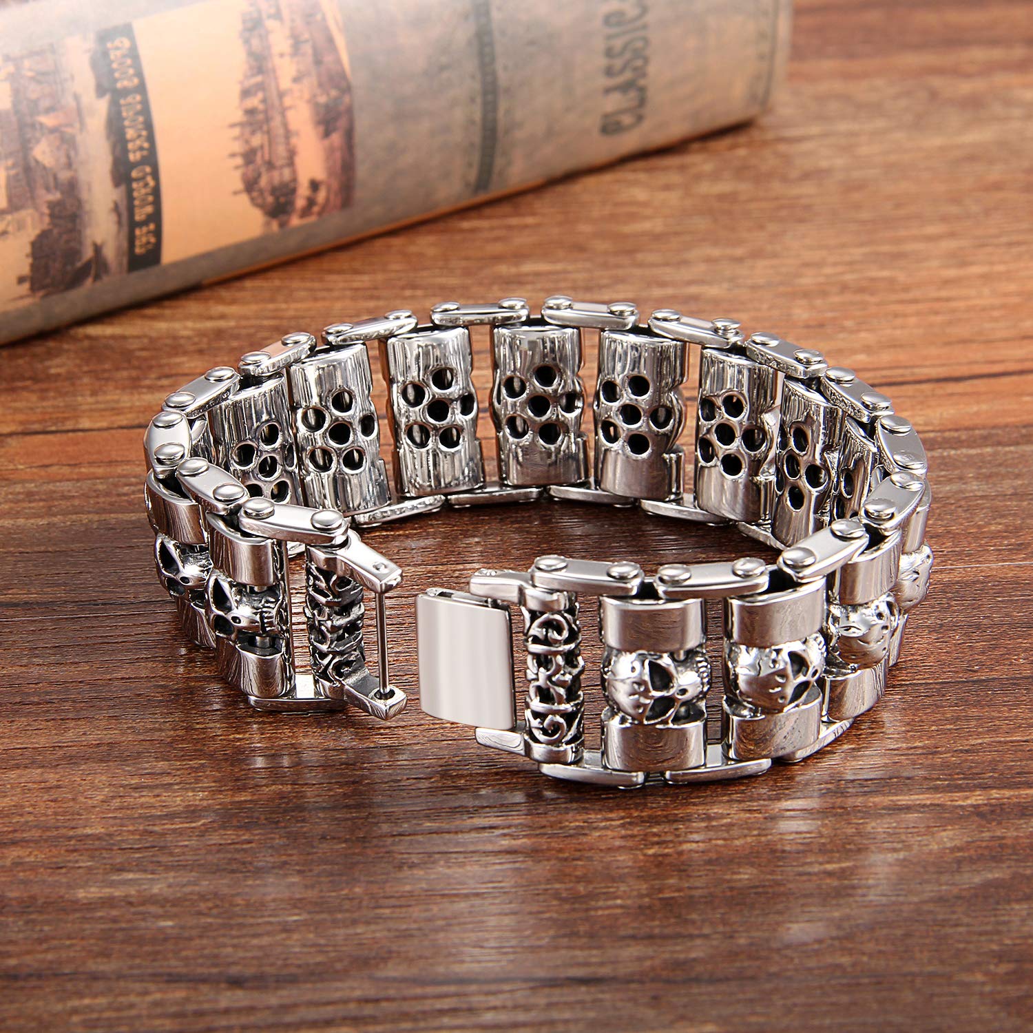Cupimatch Herren Armband Punk Biker Gothic Totenkopf Edelstahl Kette Silber Edelstahl Link Kette Armband Armreif Manschette Armschmuck für Männer