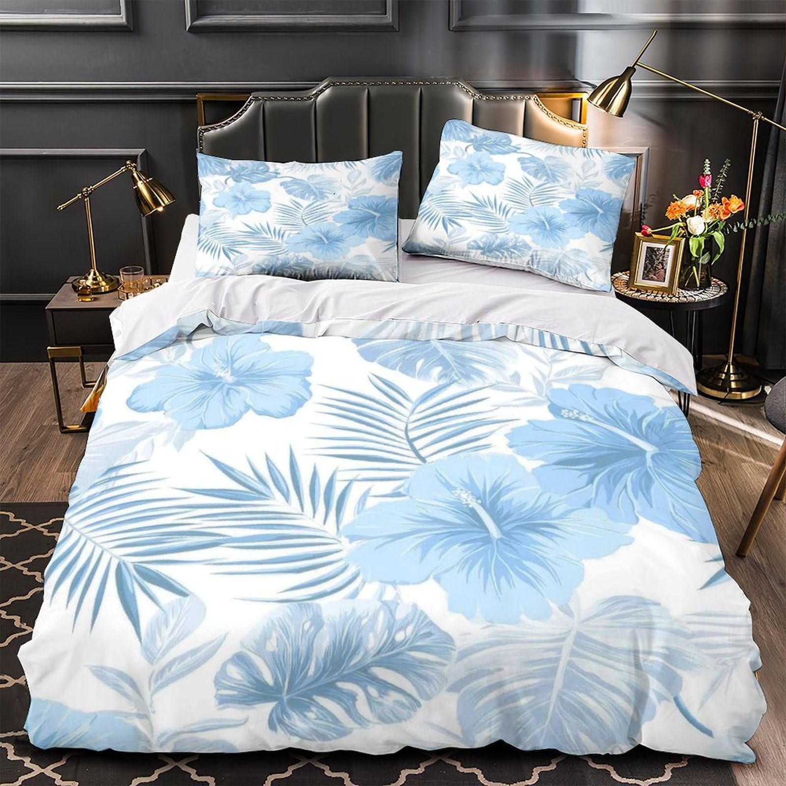 Housse de couette 140x200 hypoallergénique bleue anti-plis avec fermeture éclair fluide