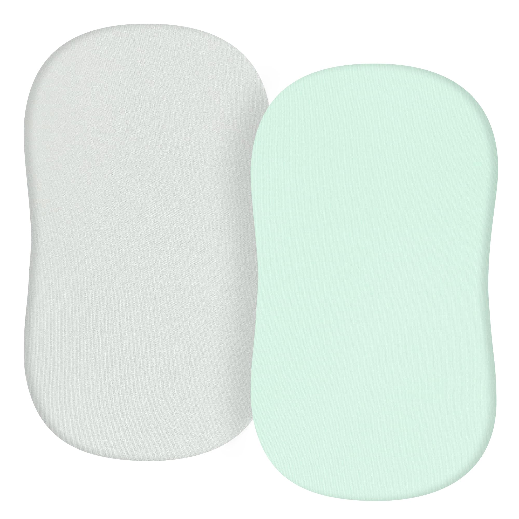 TILLYOU Jersey Knit Bassinet Sheets Set, 33'x16'x4' Flexible for Different Bassinet Mattress, Super Soft Hygroscopic Breathable, 2 Pack Lt Green & Lt Gray