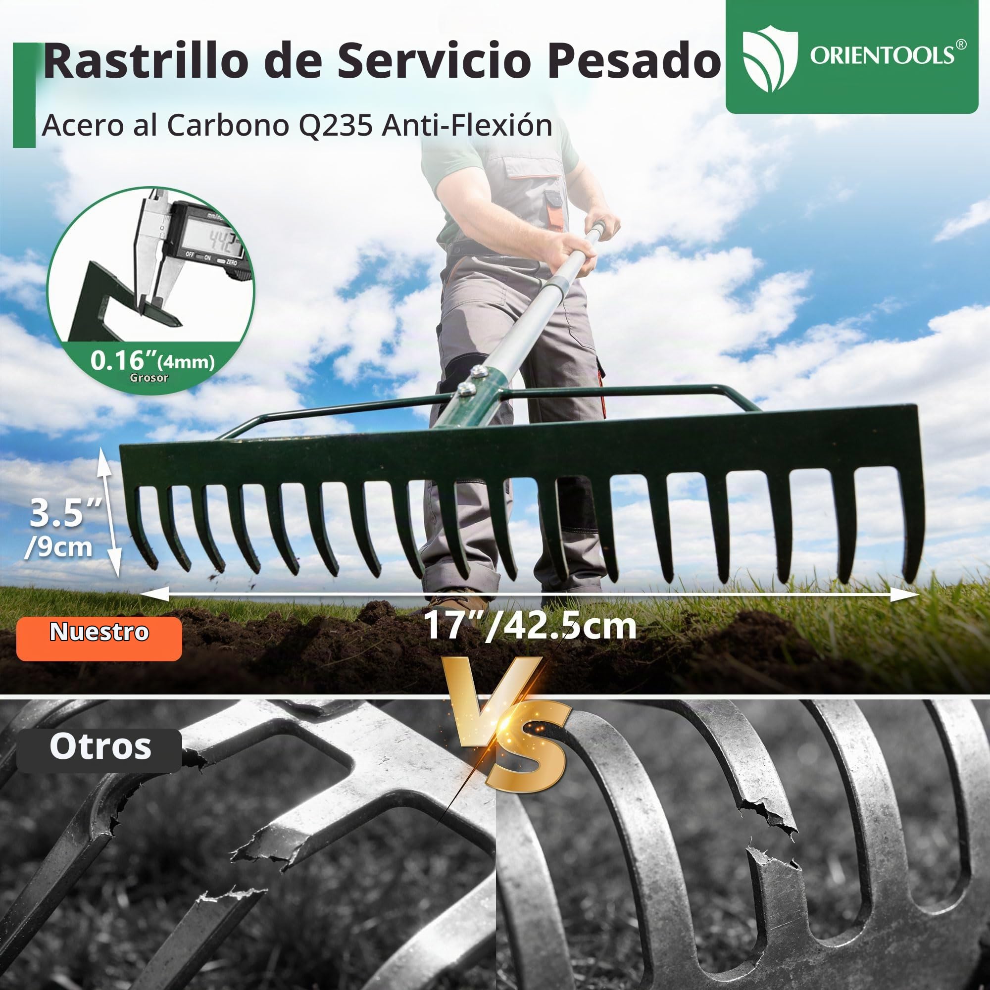 ORIENTOOLS Rastrillo de jardín, resistente, 44 cm de ancho x 160 cm de alto, verde, 1,7 kg
