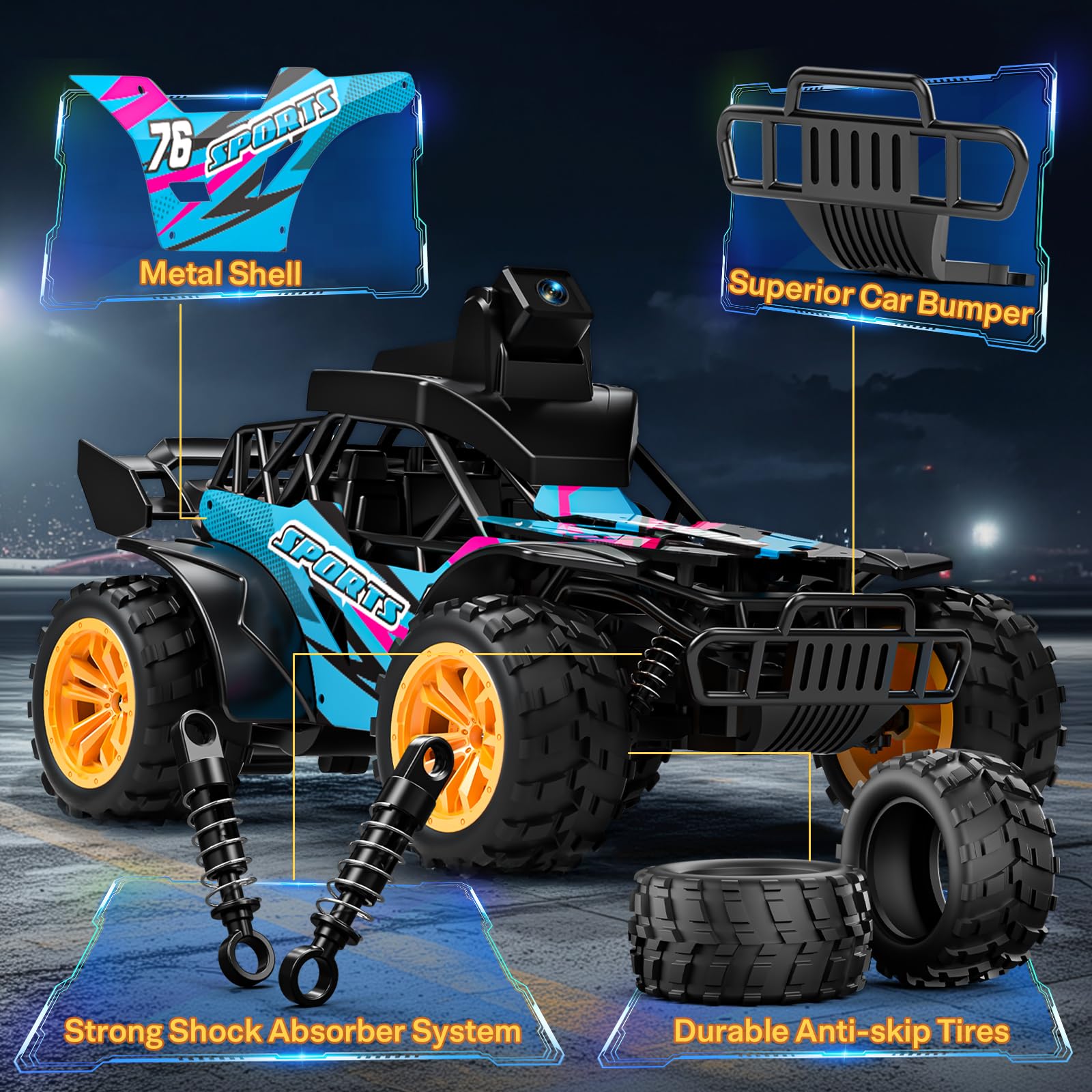 suangrc Auto RC con Telecamera, Auto Telecomandata 2.4GHz, Schermo 2.4", Camion RC con 2 Velocità, Auto Telecomandata con Telecamera per Bambini e Adulti Principianti