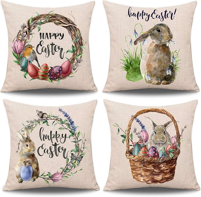Whaline 4 Pieces Easter Pillow Case Rabbit Bunnies with Eggs Pillow Cover, Spring Season's Cotton Linen Sofa Bed Throw Cushion Cover Decoration (18" x 18")