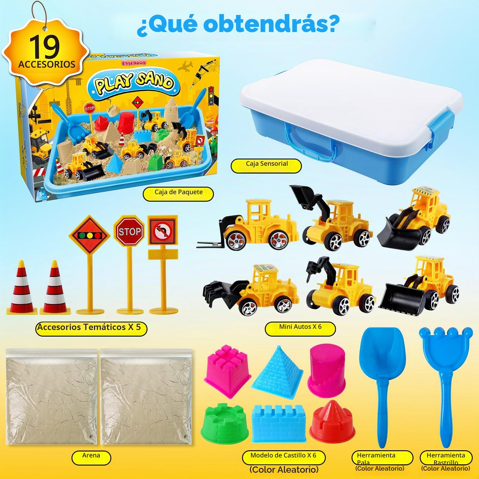 ESSENSON Arena Juguetes Mágica para Niños, Arena Juguete con 6 Vehículos de Construcción y 6 Moldes de Castillo, Regalo Cumpleaños para Niños de 3 a 8 Años