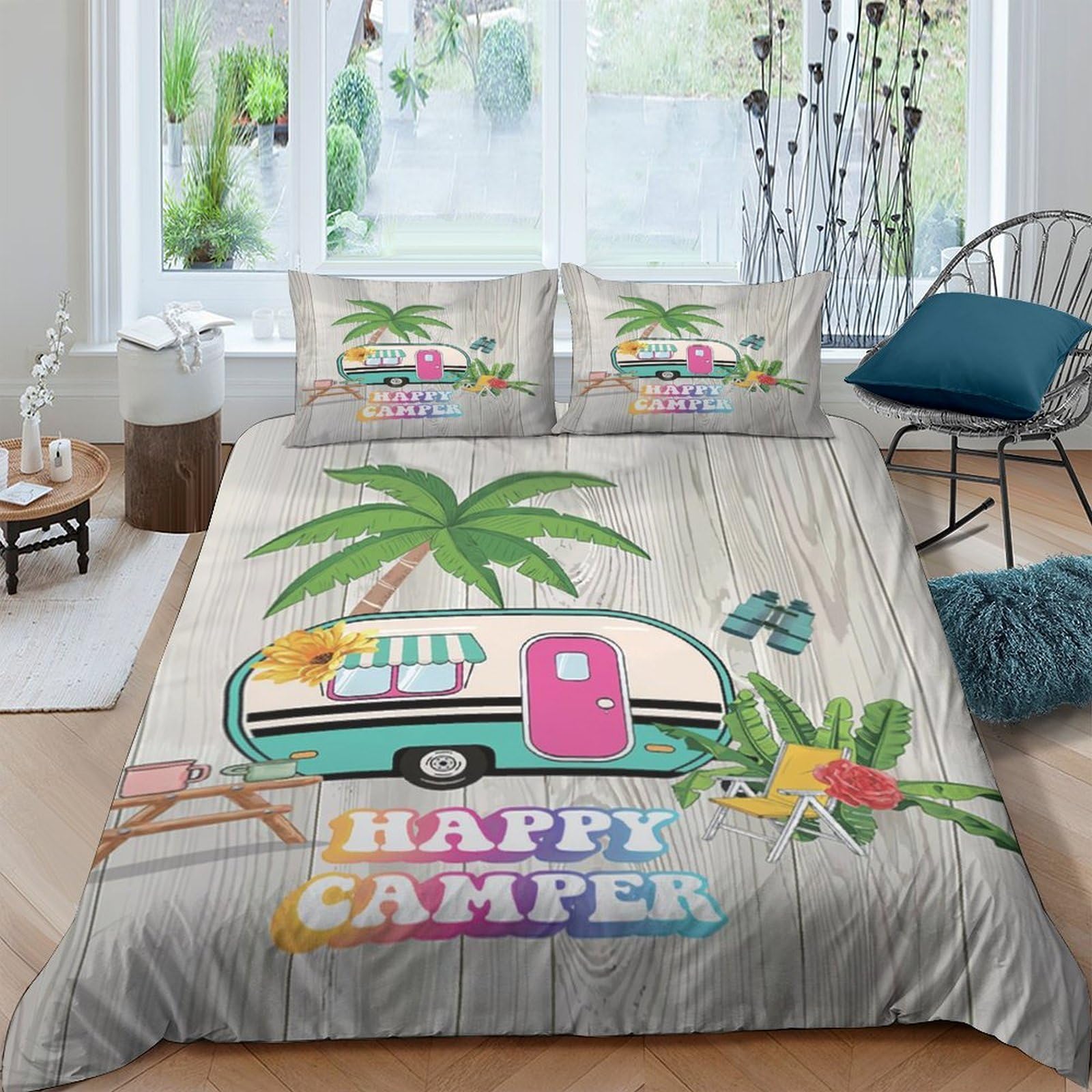 Ctjqhvkz Style-4 3D Printed Tropical Camper Fitted Sheet Microfiber Palm Tree Mattress Cover Happy Camper Decor For Bedroom Guest Room Single（135X200cm）