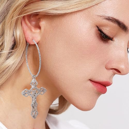 Vista 6 de AILUOR Aretes de aro colgantes con cruz gótica vintage, con dije de aro y borla, joyería cristiana para mujer
