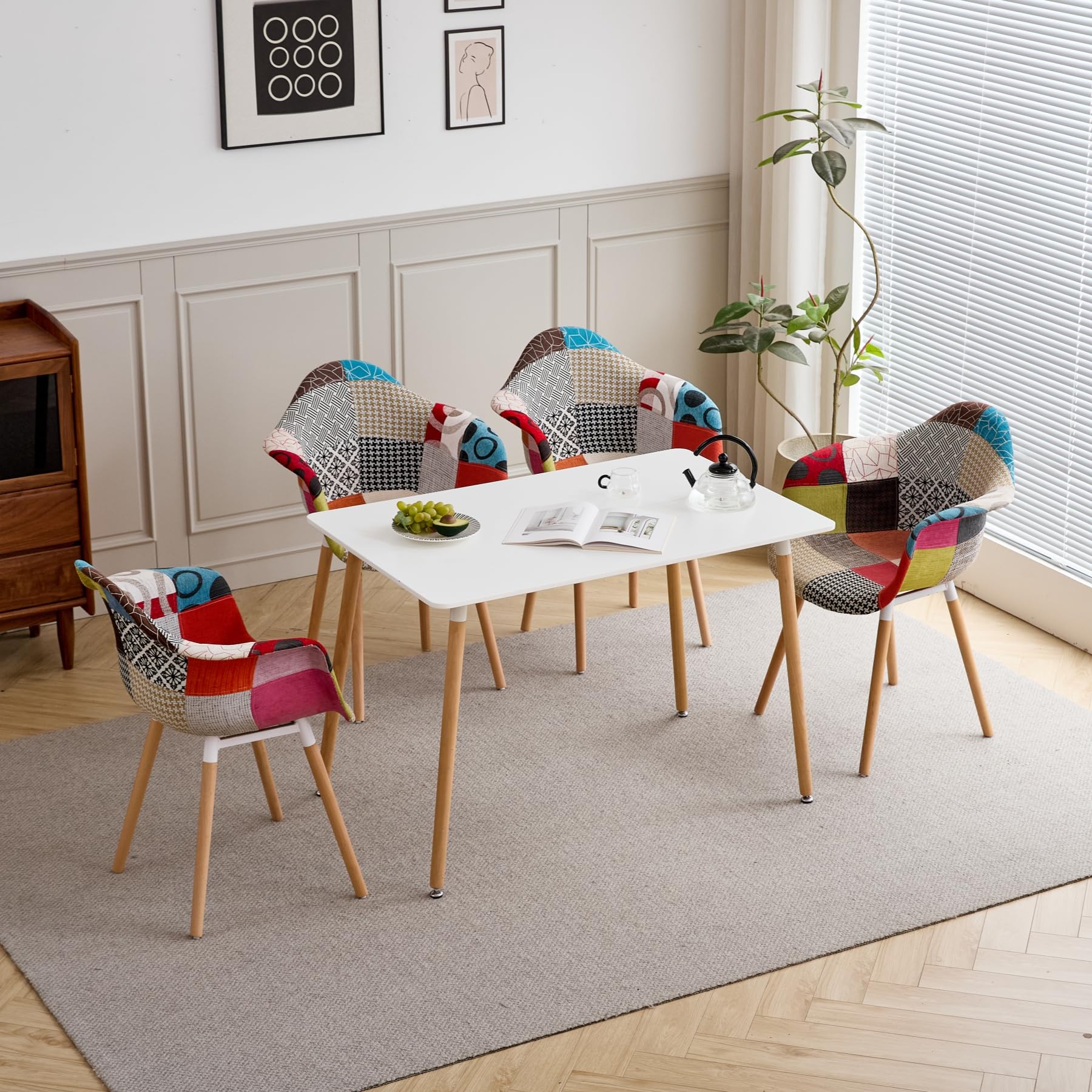 GrandCA HOME 4er-Set Sessel mit Patchwork-Stoffkissen Esszimmerstühle Holzbeine für Küche, Wohnzimmer,Rot A5
