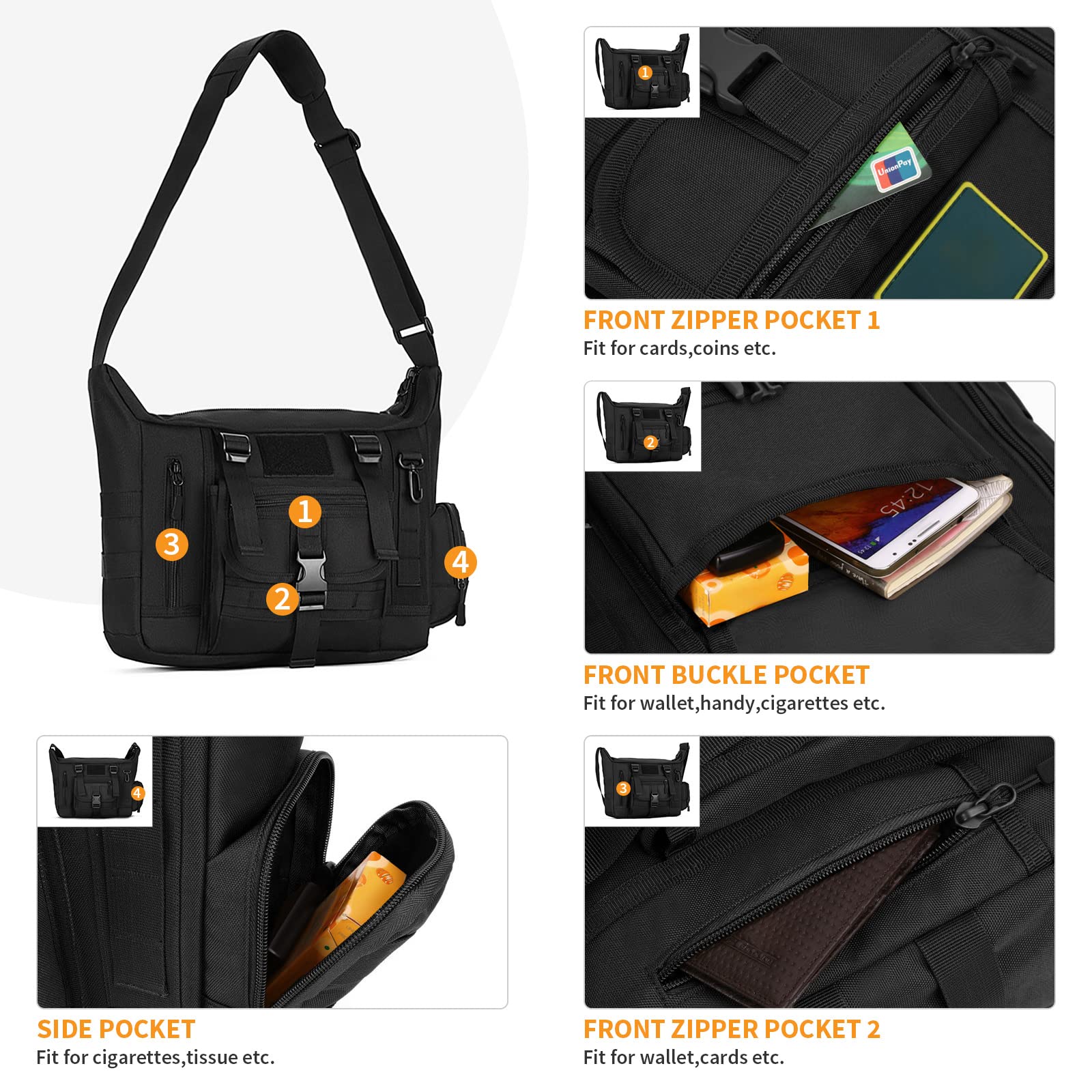 Mochila de Hombro Militar Táctical Impermeable Negro Bolso de Bandolera Múltiple Función