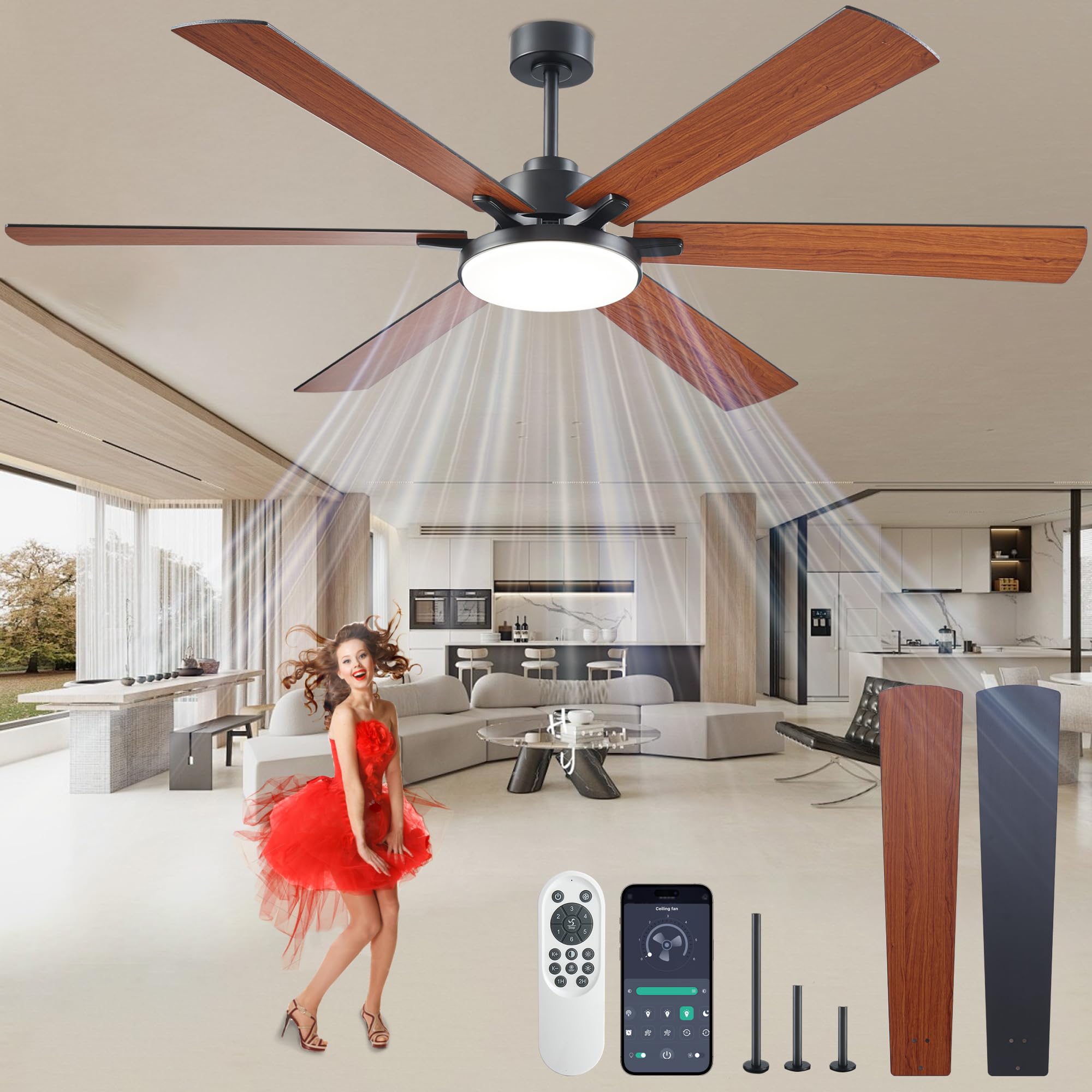 72 inch Ceiling Fans with Lights and Remote Control,Indoor/Outdoor Low Profile Flush Mount Commercial Dimmable Reversible Wood Grain Ceiling Fans for Living Room Patio Shop Industrial. (Used)
