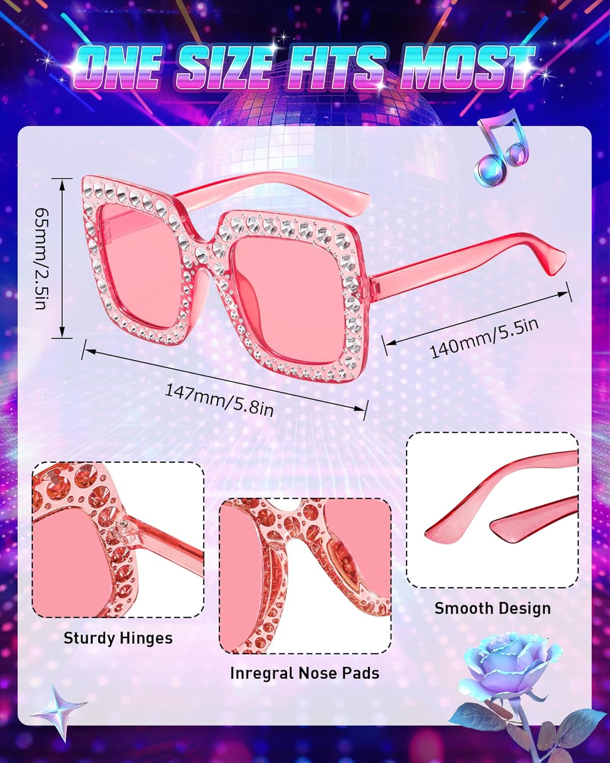 Wholesale 48 Pack 70s Oversized Square Crystal Rhinestone Sunglasses Bulk, Disco Glasses Party Favors