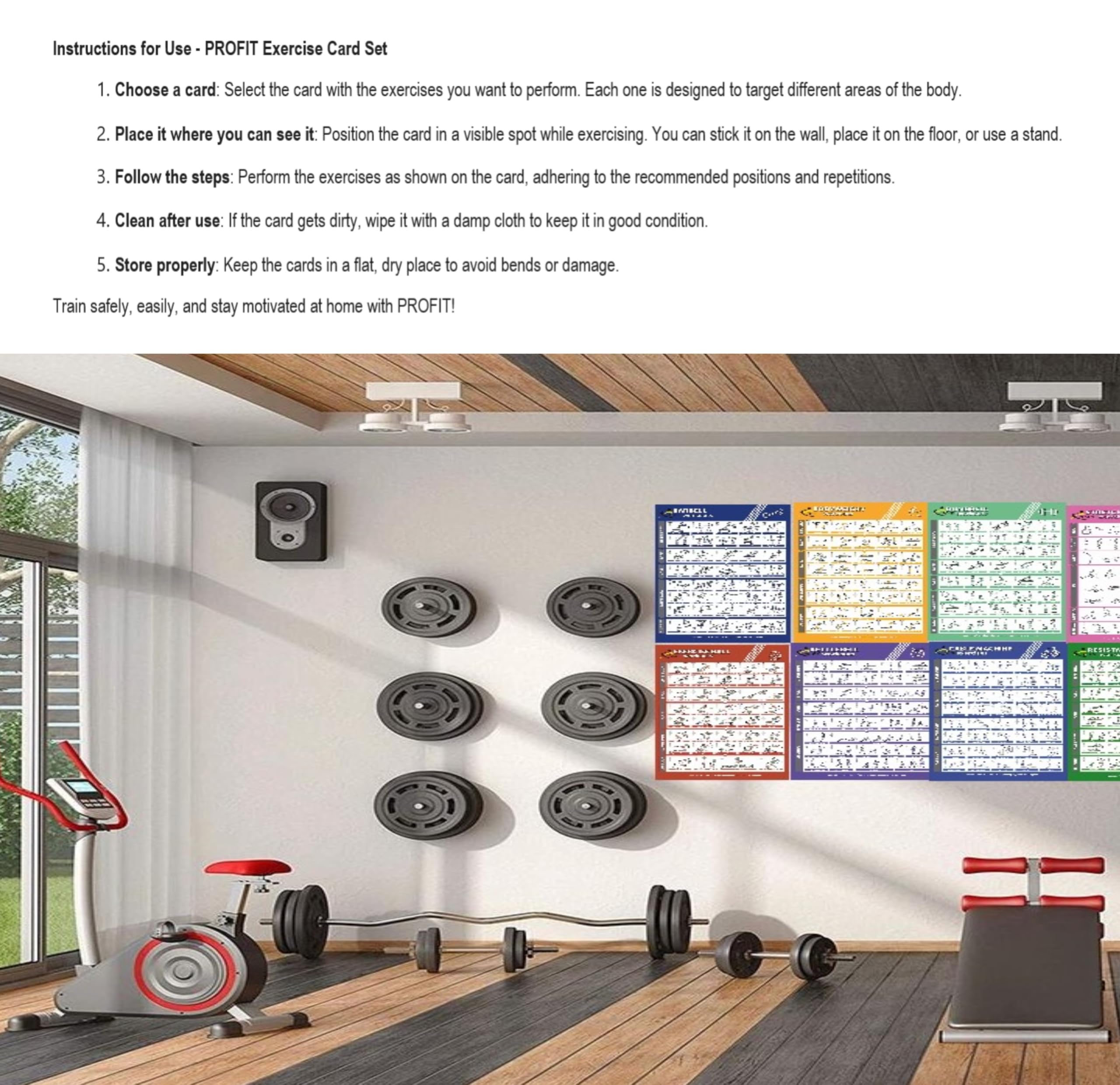 Profit Neue Sportübung Fitnessstudio zu Hause – 12 Fitness-Poster, laminierte Folie für Übungen für Männer und Frauen, elastische Bänder, Yoga, Kugelhanteln, Hanteln usw